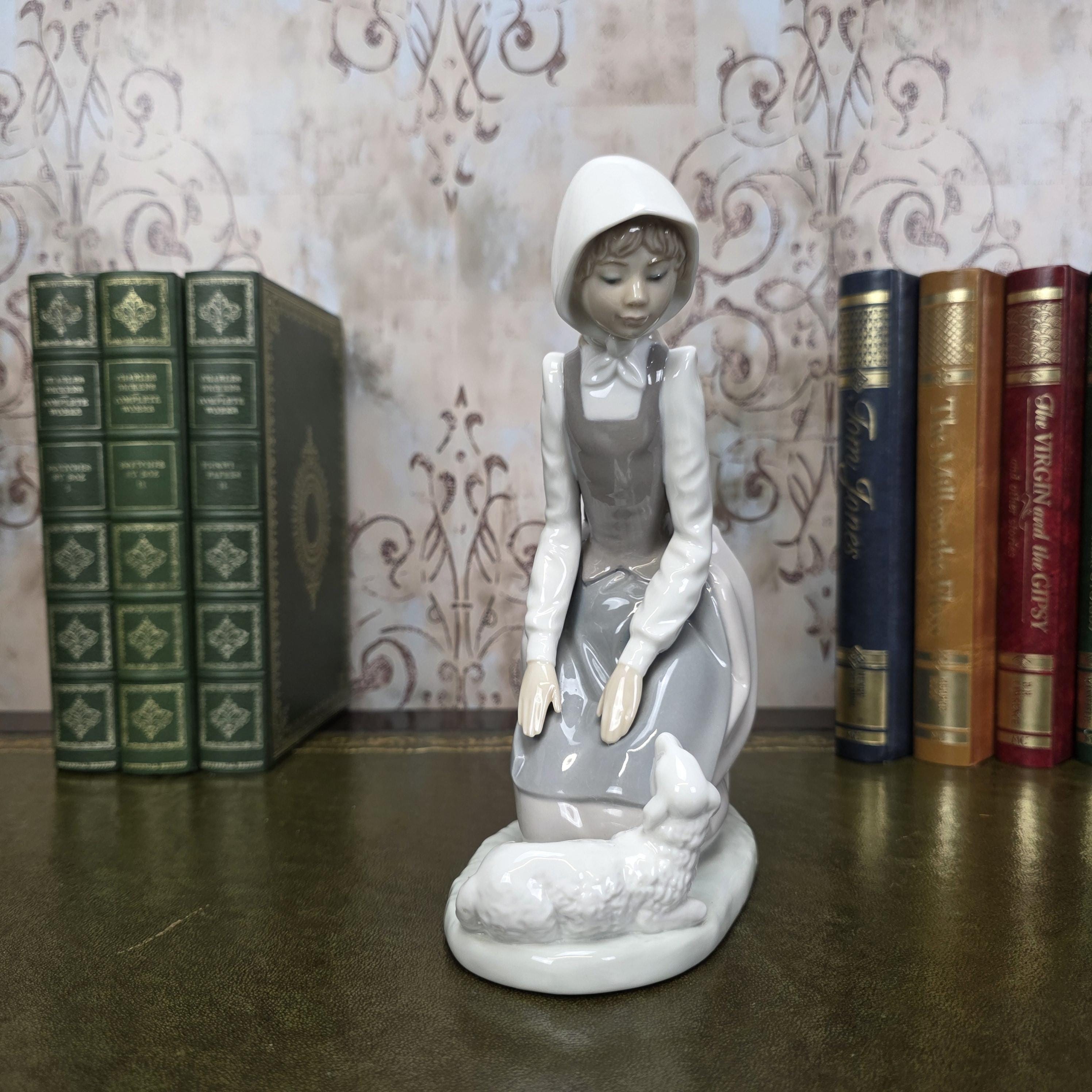 Nao by Lladro Girl with Lamb Porcelain Figurine | Spanish Vintage Collectible Sculpture Pastoral Scene