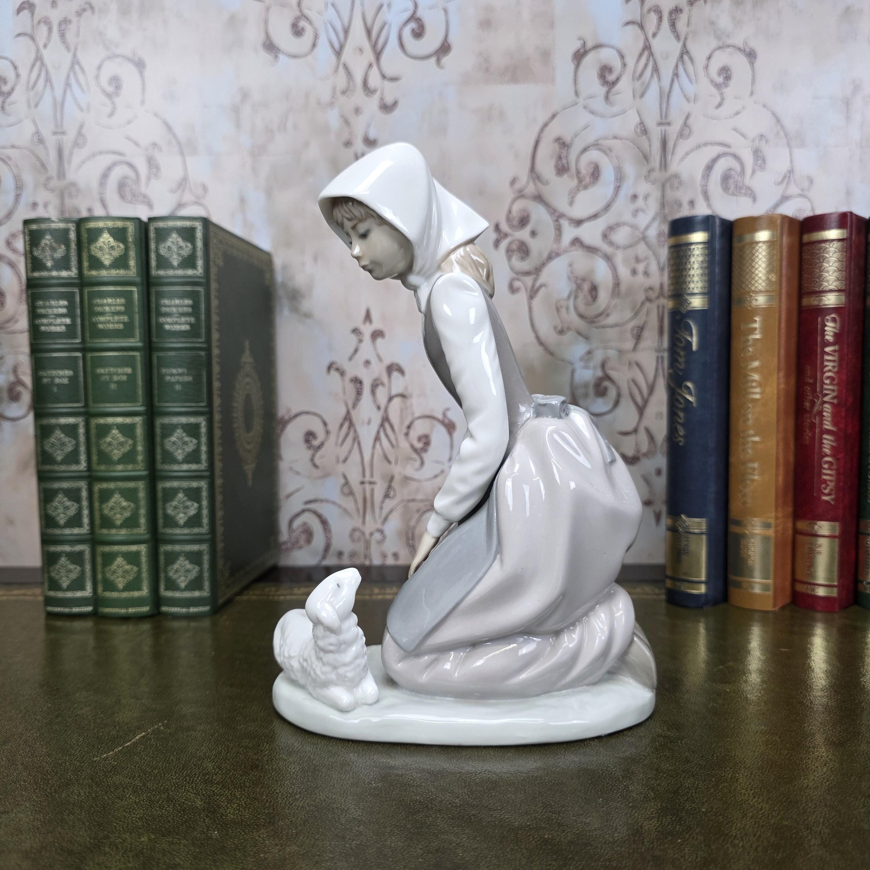 Nao by Lladro Girl with Lamb Porcelain Figurine | Spanish Vintage Collectible Sculpture Pastoral Scene