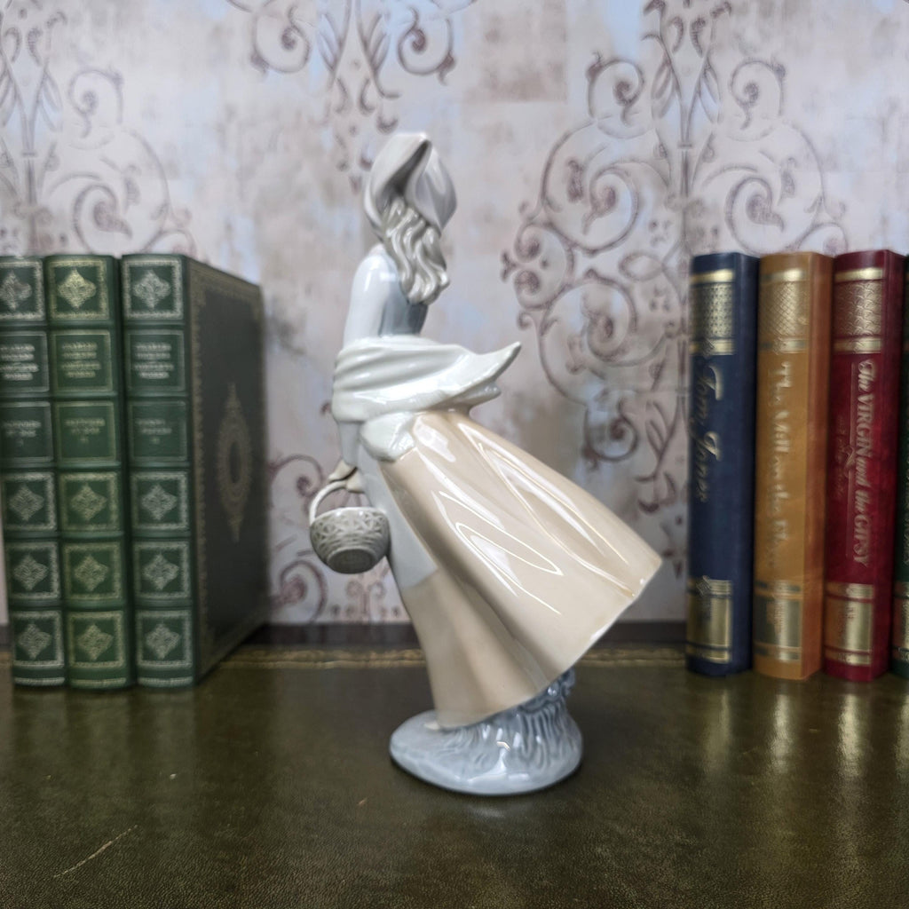 Nao by Lladro Girl with Basket Figurine | Hand Made Spain Porcelain 1980s Collectible Piece