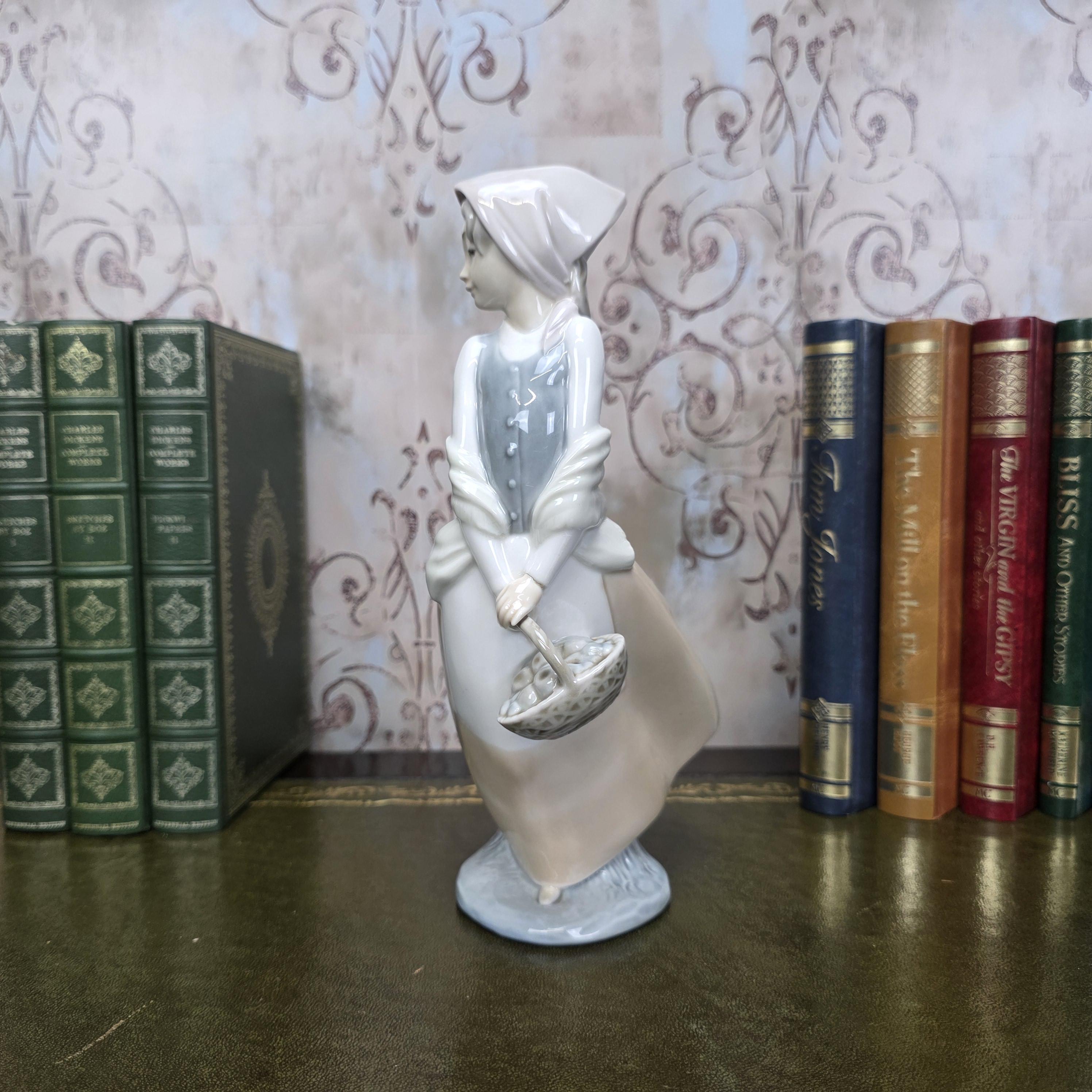 Nao by Lladro Girl with Basket Figurine | Hand Made Spain Porcelain 1980s Collectible Piece