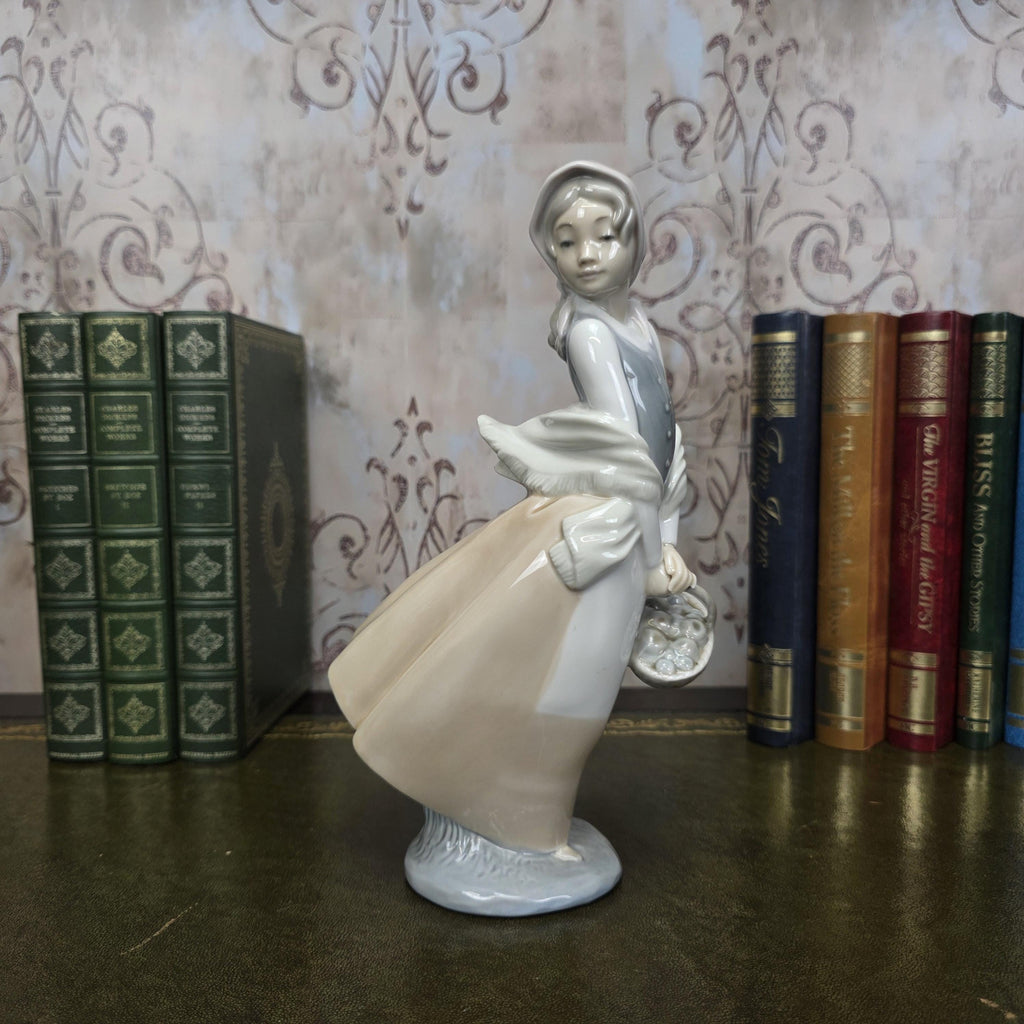 Nao by Lladro Girl with Basket Figurine | Hand Made Spain Porcelain 1980s Collectible Piece