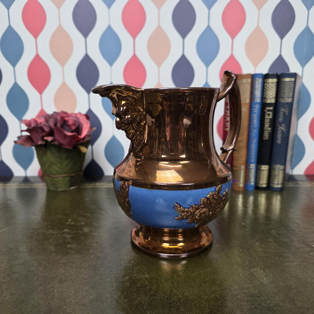 Vintage Ceramic Pitcher Bronze Glaze Relief Mask Spout Blue Band Decorative Jug Collectible Decor