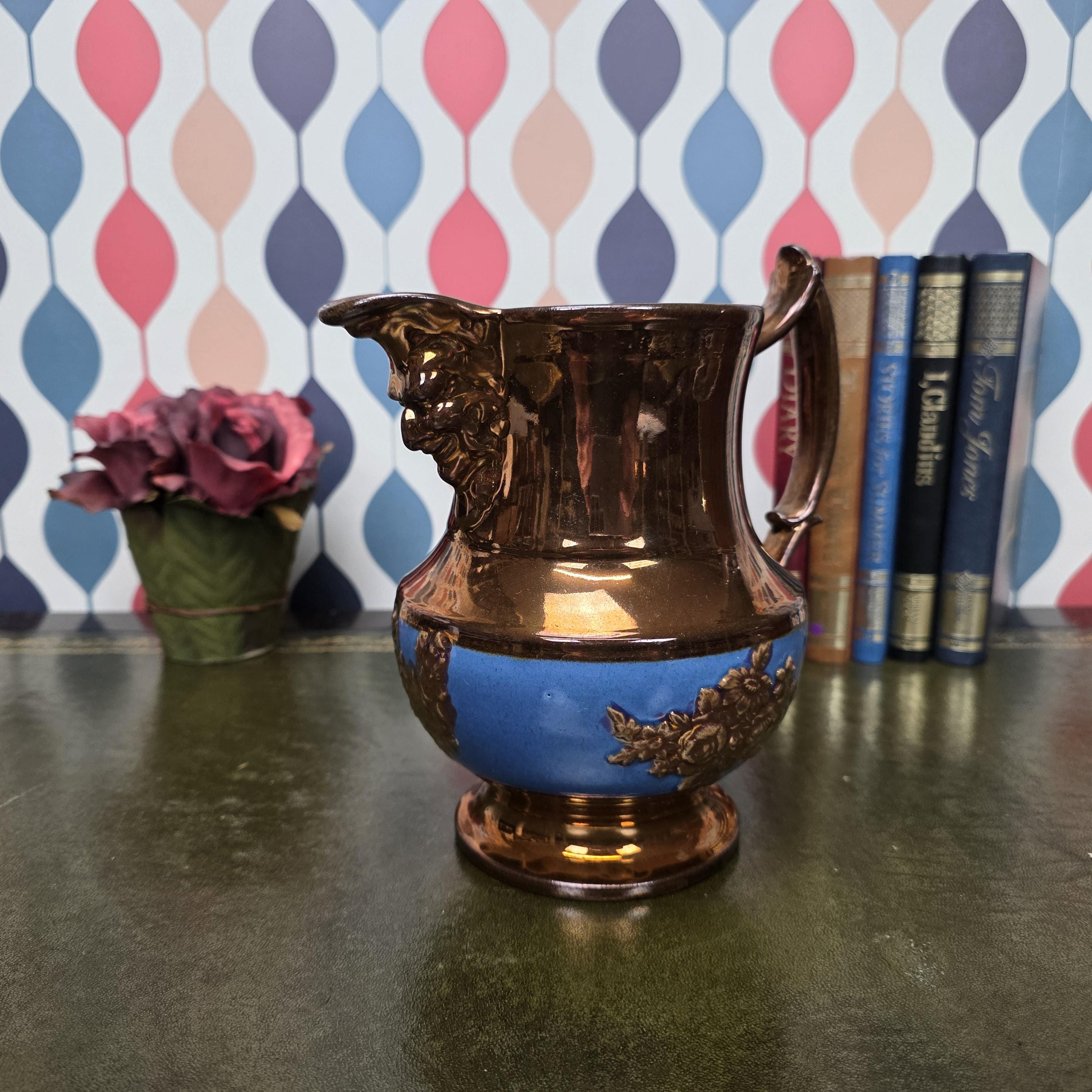 Vintage Ceramic Pitcher Bronze Glaze Relief Mask Spout Blue Band Decorative Jug Collectible Decor