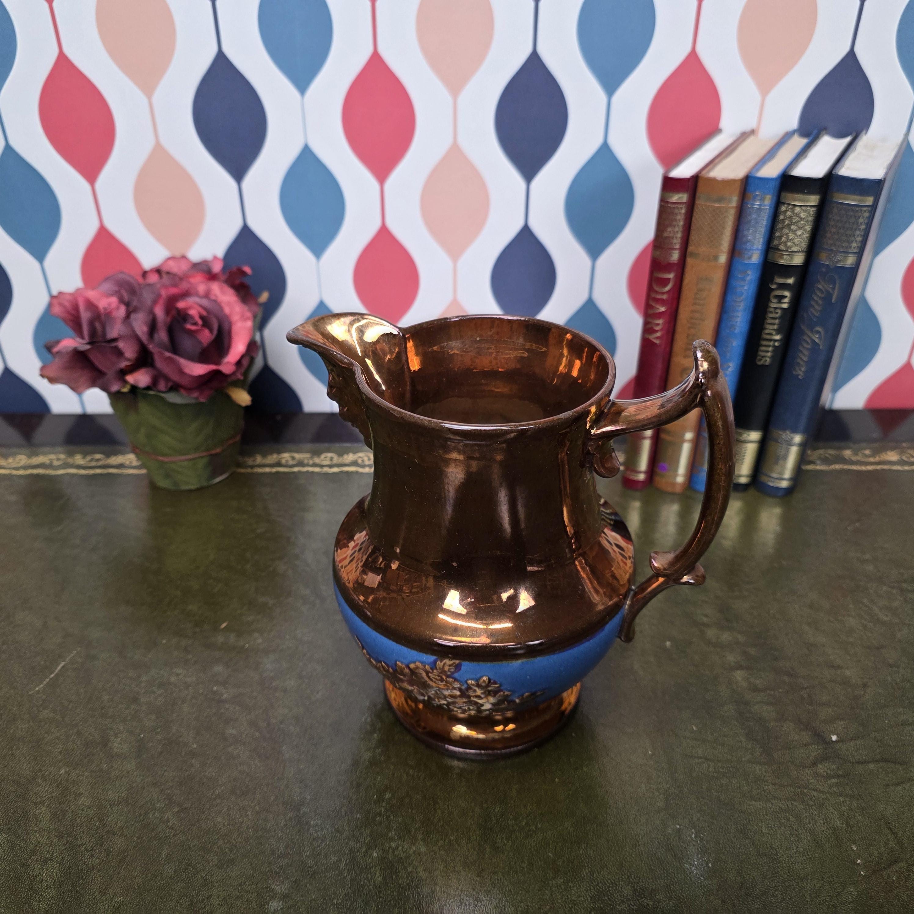 Vintage Ceramic Pitcher Bronze Glaze Relief Mask Spout Blue Band Decorative Jug Collectible Decor