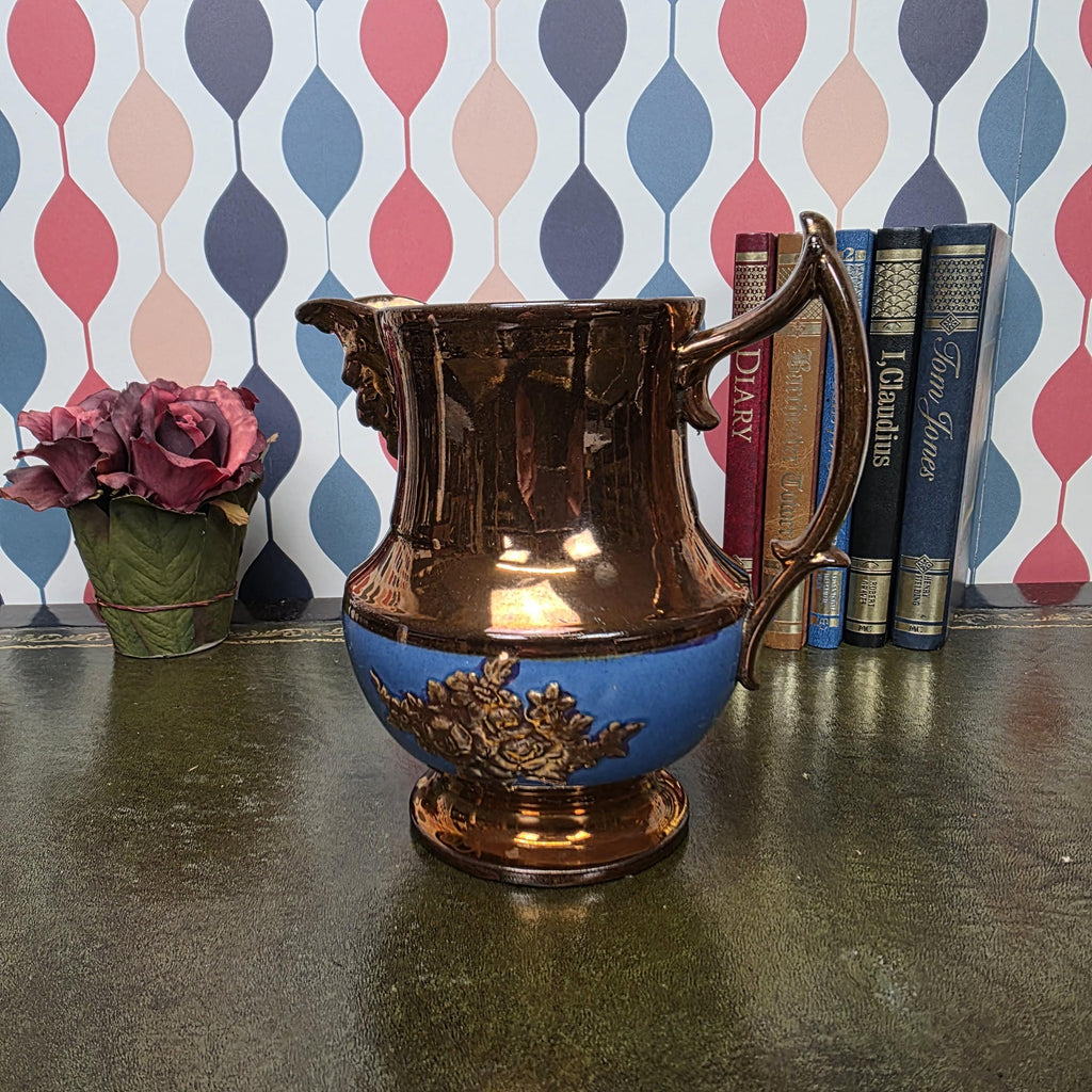 Vintage Ceramic Pitcher Bronze Glaze Relief Mask Spout Blue Band Decorative Jug Collectible Decor