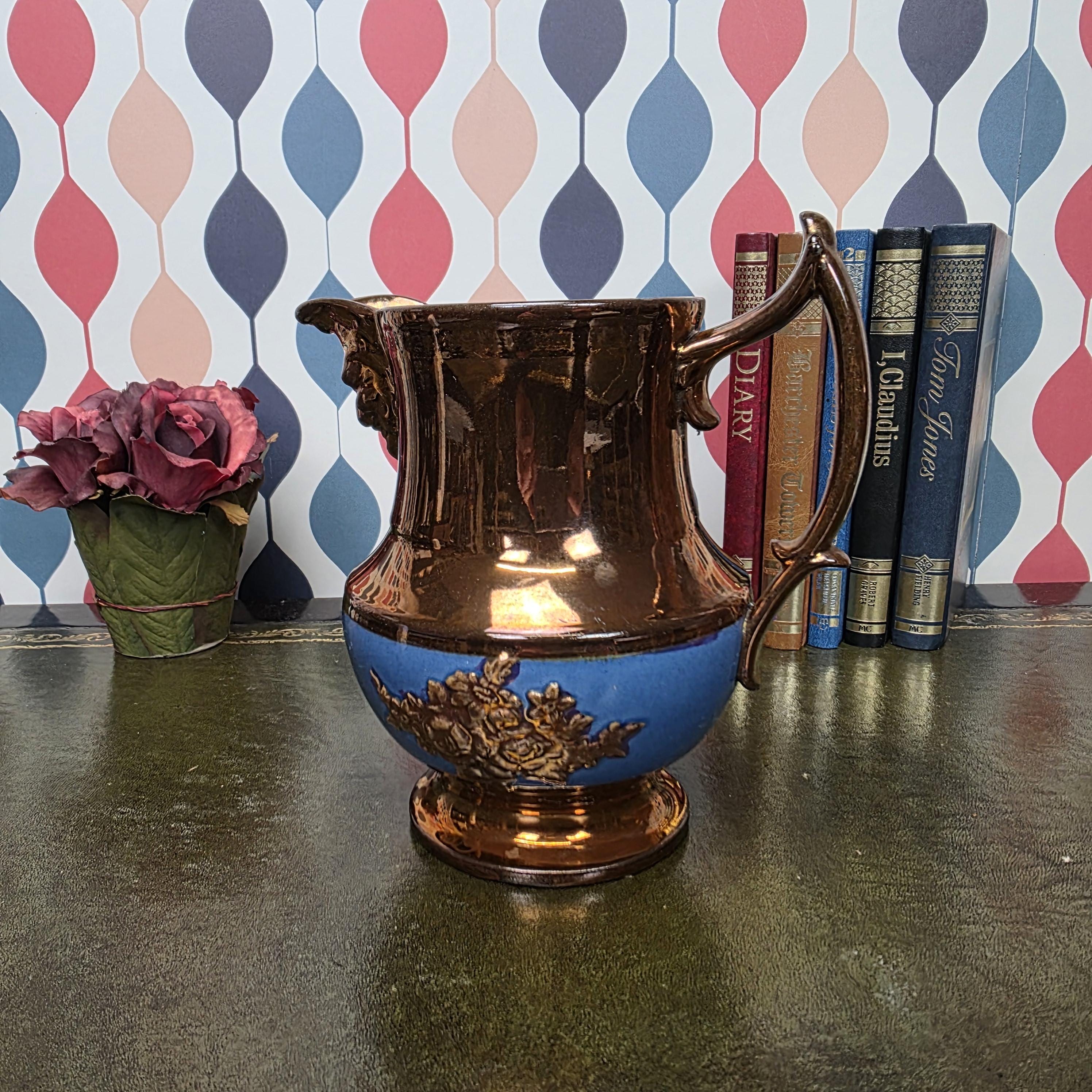 Vintage Ceramic Pitcher Bronze Glaze Relief Mask Spout Blue Band Decorative Jug Collectible Decor