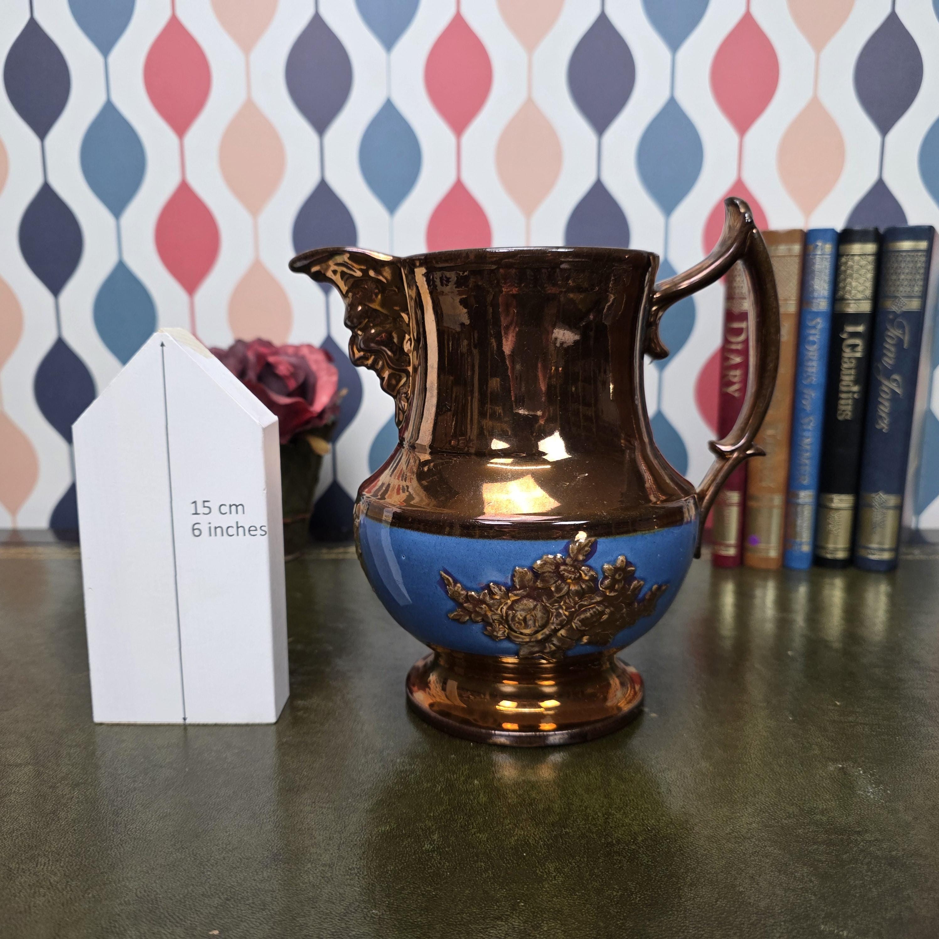 Vintage Ceramic Pitcher Bronze Glaze Relief Mask Spout Blue Band Decorative Jug Collectible Decor