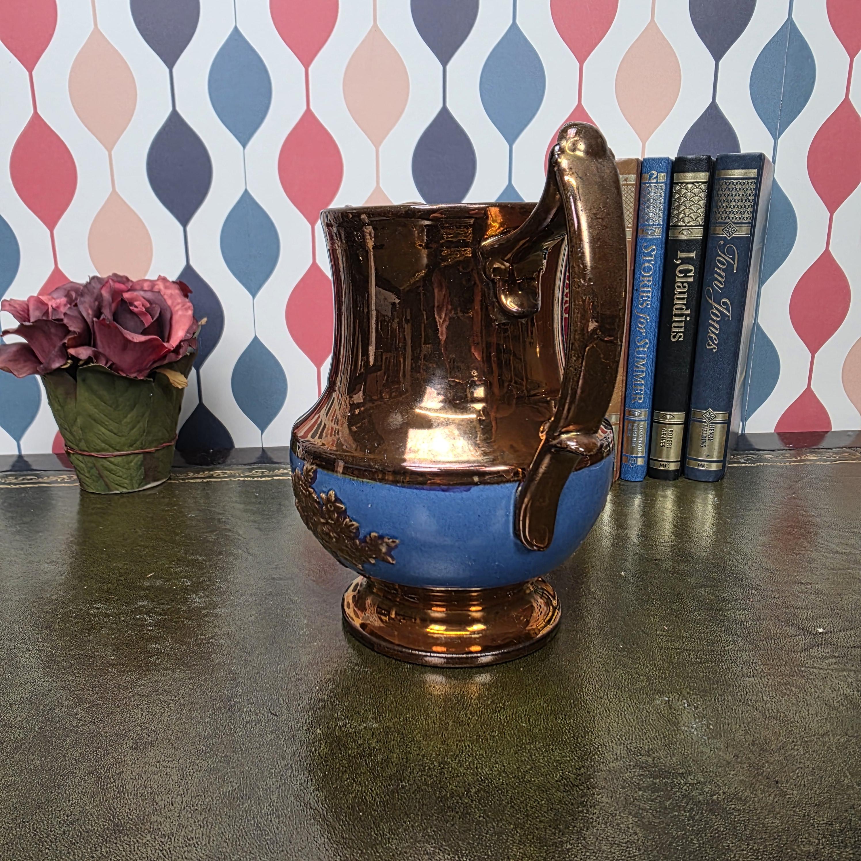 Vintage Ceramic Pitcher Bronze Glaze Relief Mask Spout Blue Band Decorative Jug Collectible Decor
