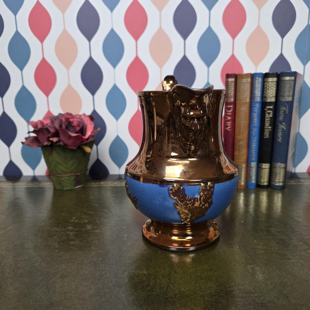 Vintage Ceramic Pitcher Bronze Glaze Relief Mask Spout Blue Band Decorative Jug Collectible Decor