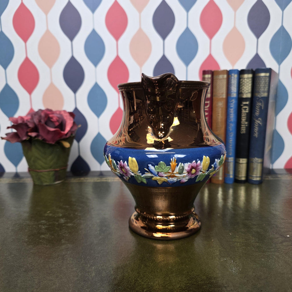 Vintage Ceramic Jug Copper Lustre Blue Band Floral Relief Pedestal Ewer Decorative Collectable
