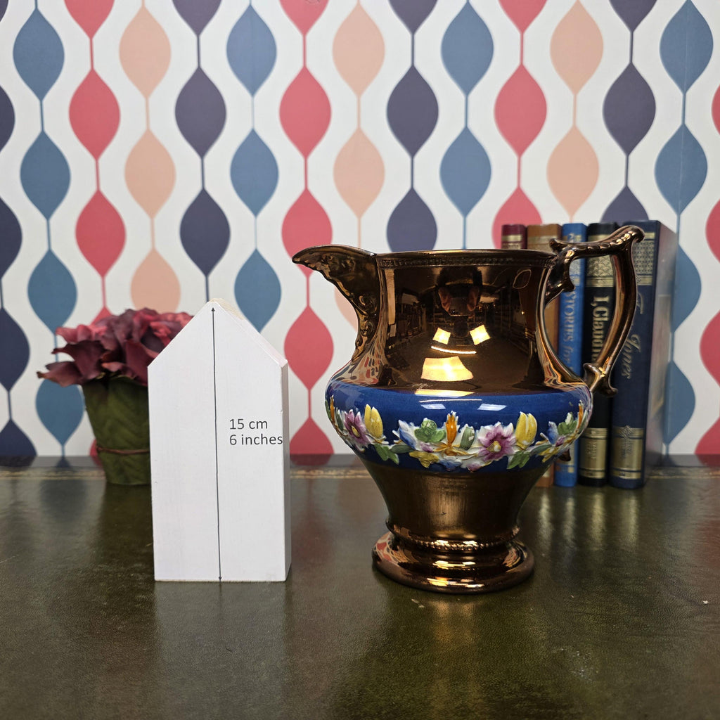 Vintage Ceramic Jug Copper Lustre Blue Band Floral Relief Pedestal Ewer Decorative Collectable