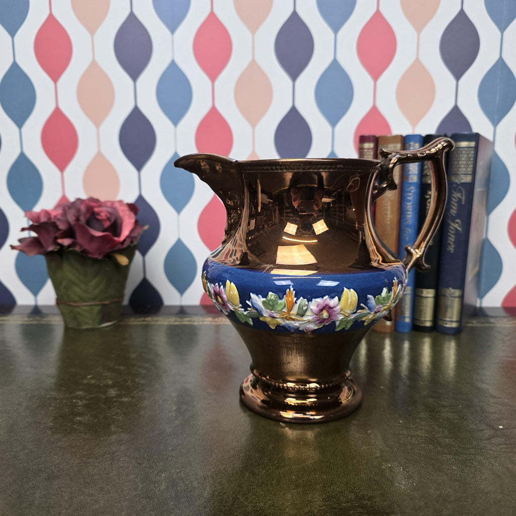 Vintage Ceramic Jug Copper Lustre Blue Band Floral Relief Pedestal Ewer Decorative Collectable