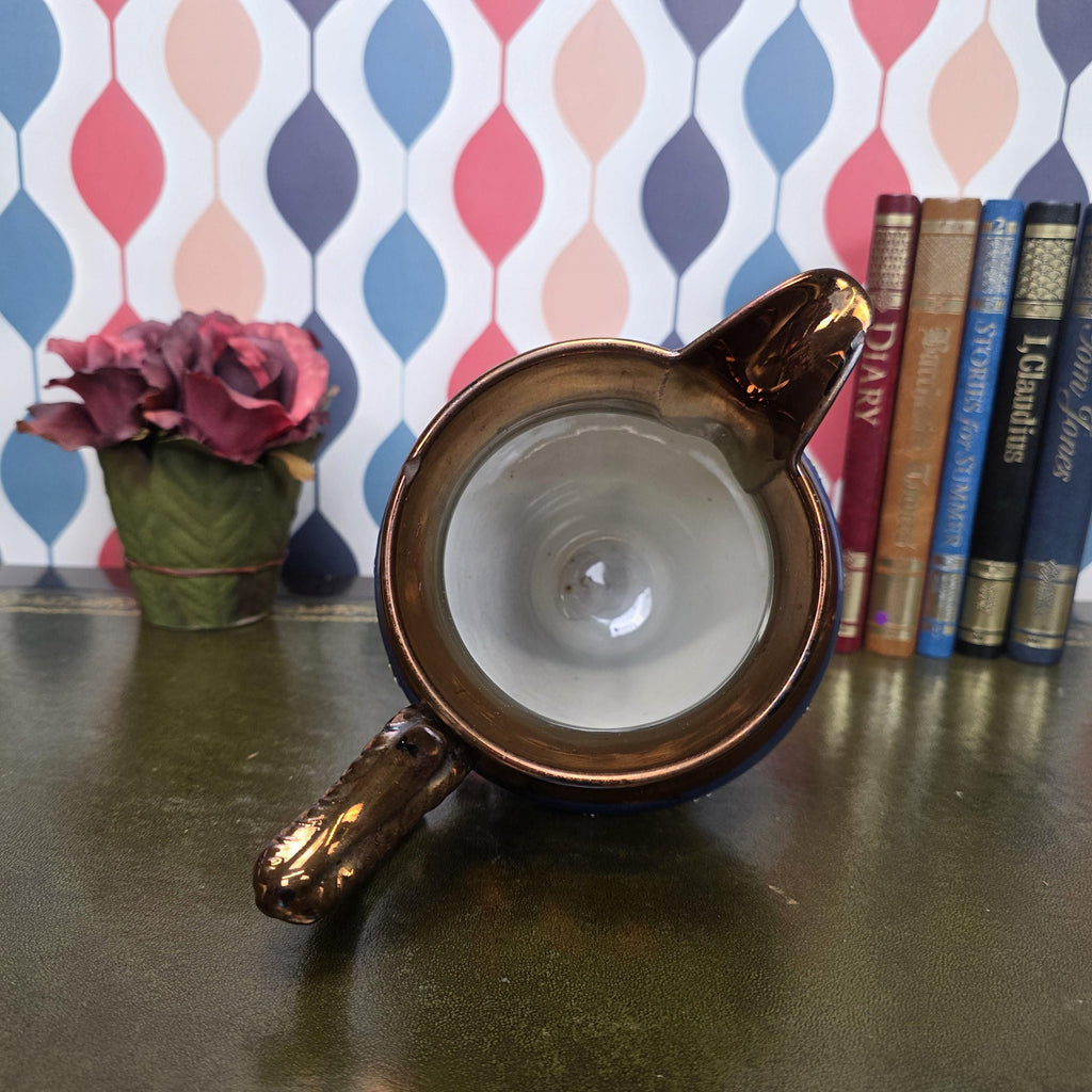 Vintage Ceramic Jug Copper Lustre Blue Band Floral Relief Pedestal Ewer Decorative Collectable