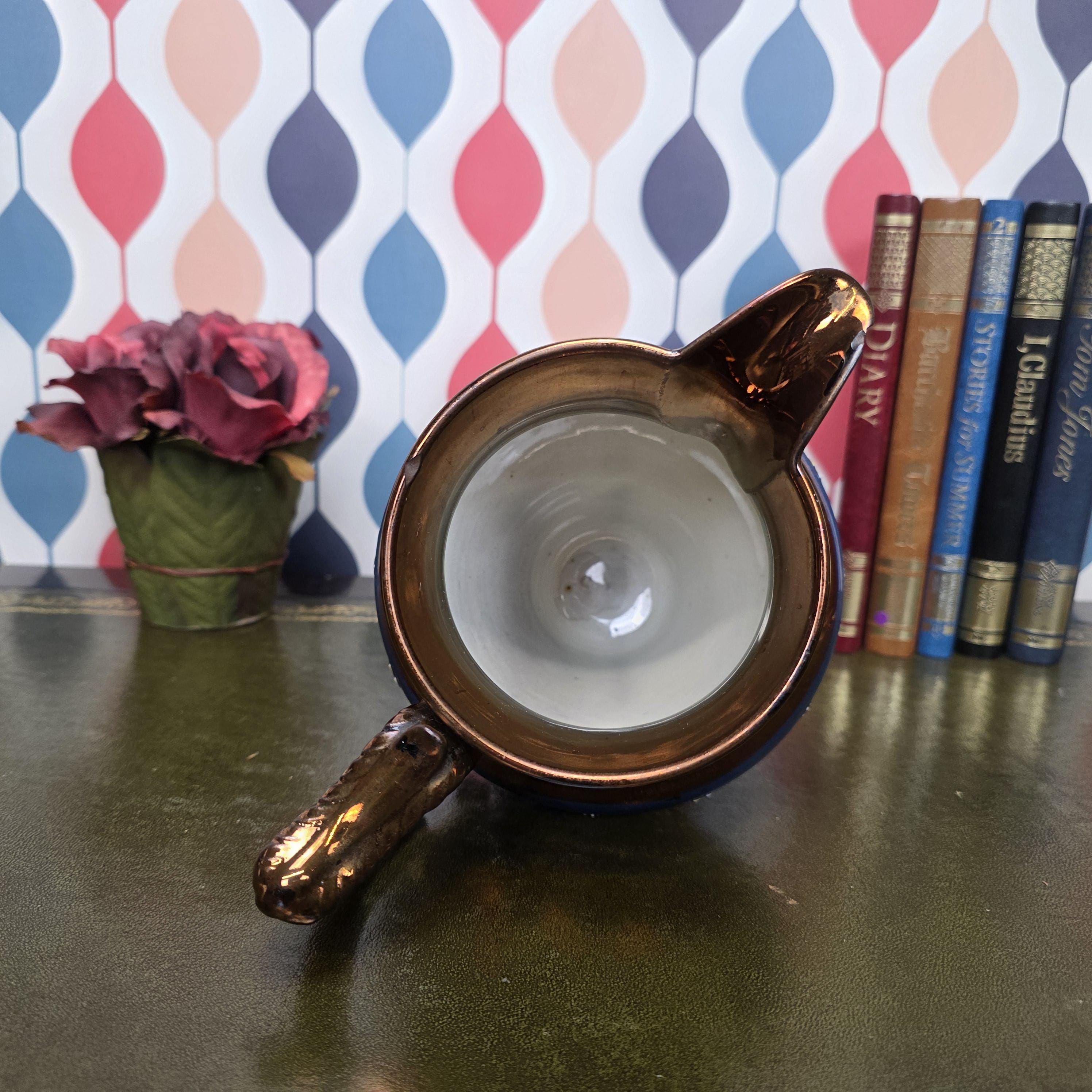 Vintage Ceramic Jug Copper Lustre Blue Band Floral Relief Pedestal Ewer Decorative Collectable