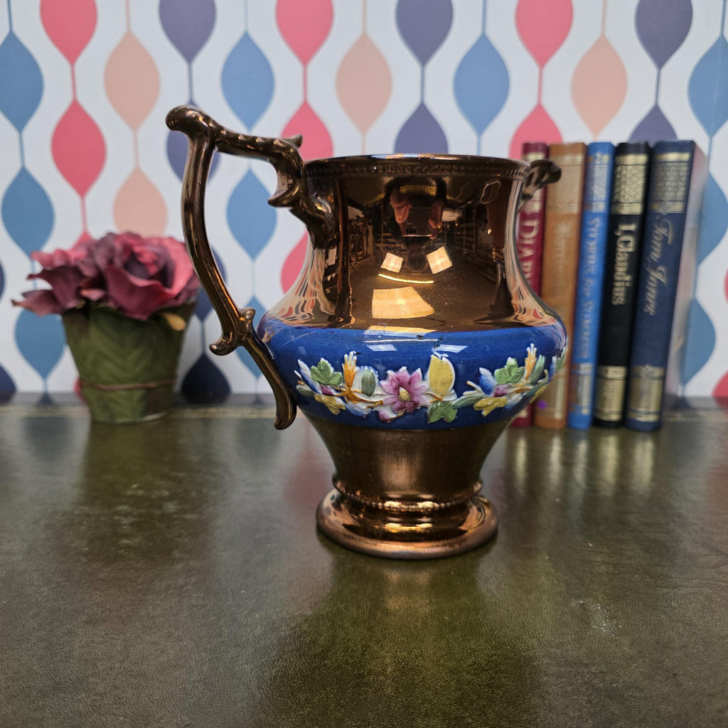 Vintage Ceramic Jug Copper Lustre Blue Band Floral Relief Pedestal Ewer Decorative Collectable