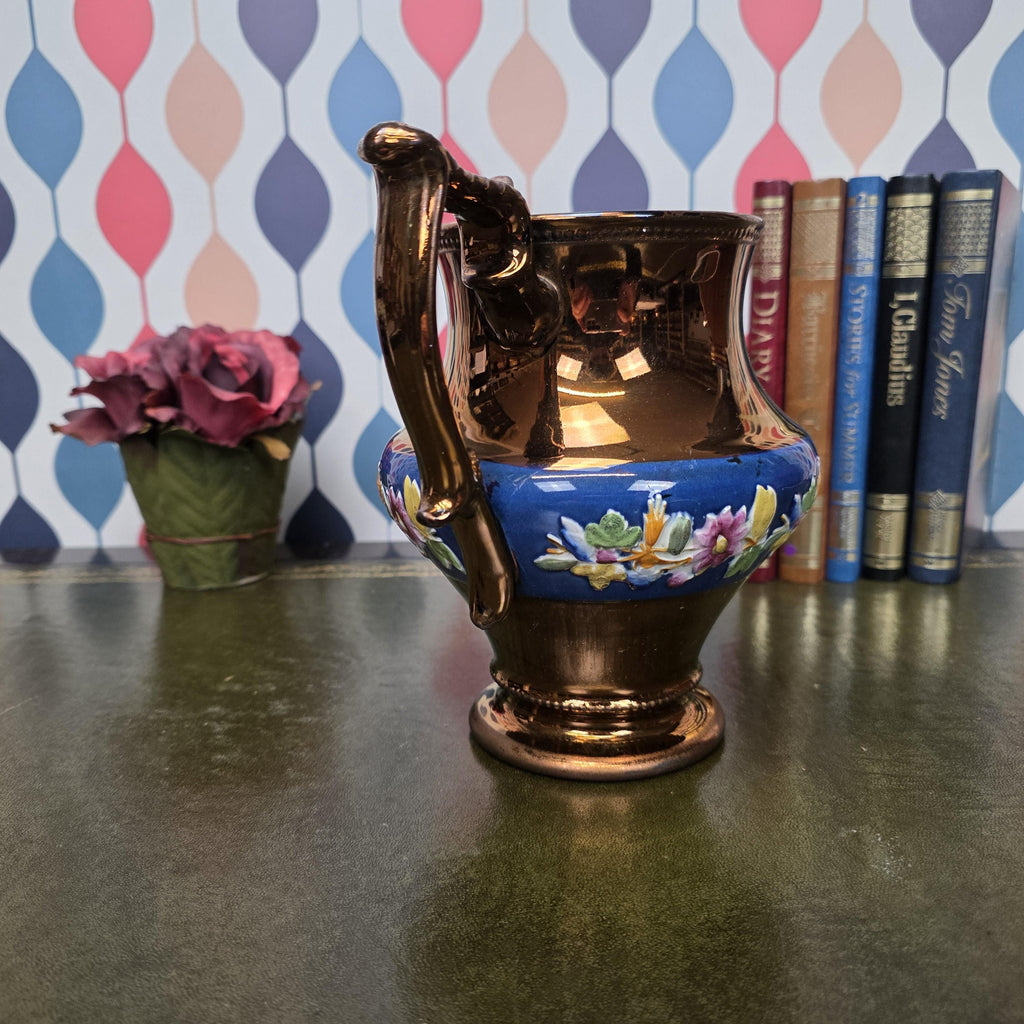 Vintage Ceramic Jug Copper Lustre Blue Band Floral Relief Pedestal Ewer Decorative Collectable