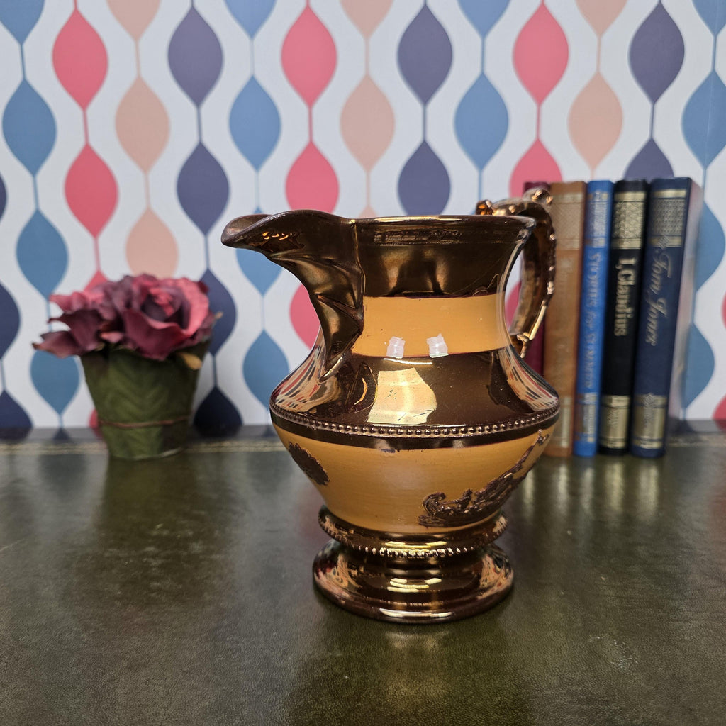 Vintage Ceramic Pitcher Copper Glaze Two Tone Relief Motif Pedestal Jug Collectible Home Decor