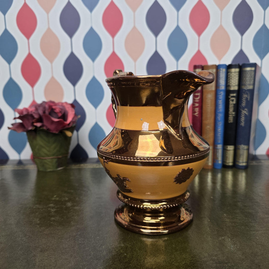 Vintage Ceramic Pitcher Copper Glaze Two Tone Relief Motif Pedestal Jug Collectible Home Decor