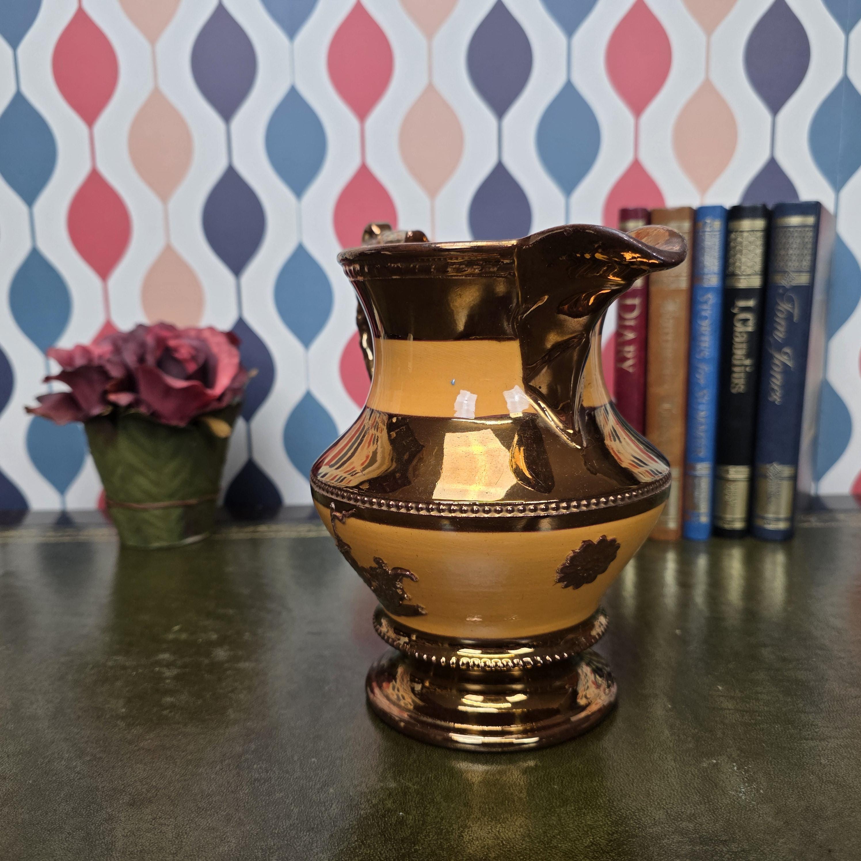 Vintage Ceramic Pitcher Copper Glaze Two Tone Relief Motif Pedestal Jug Collectible Home Decor