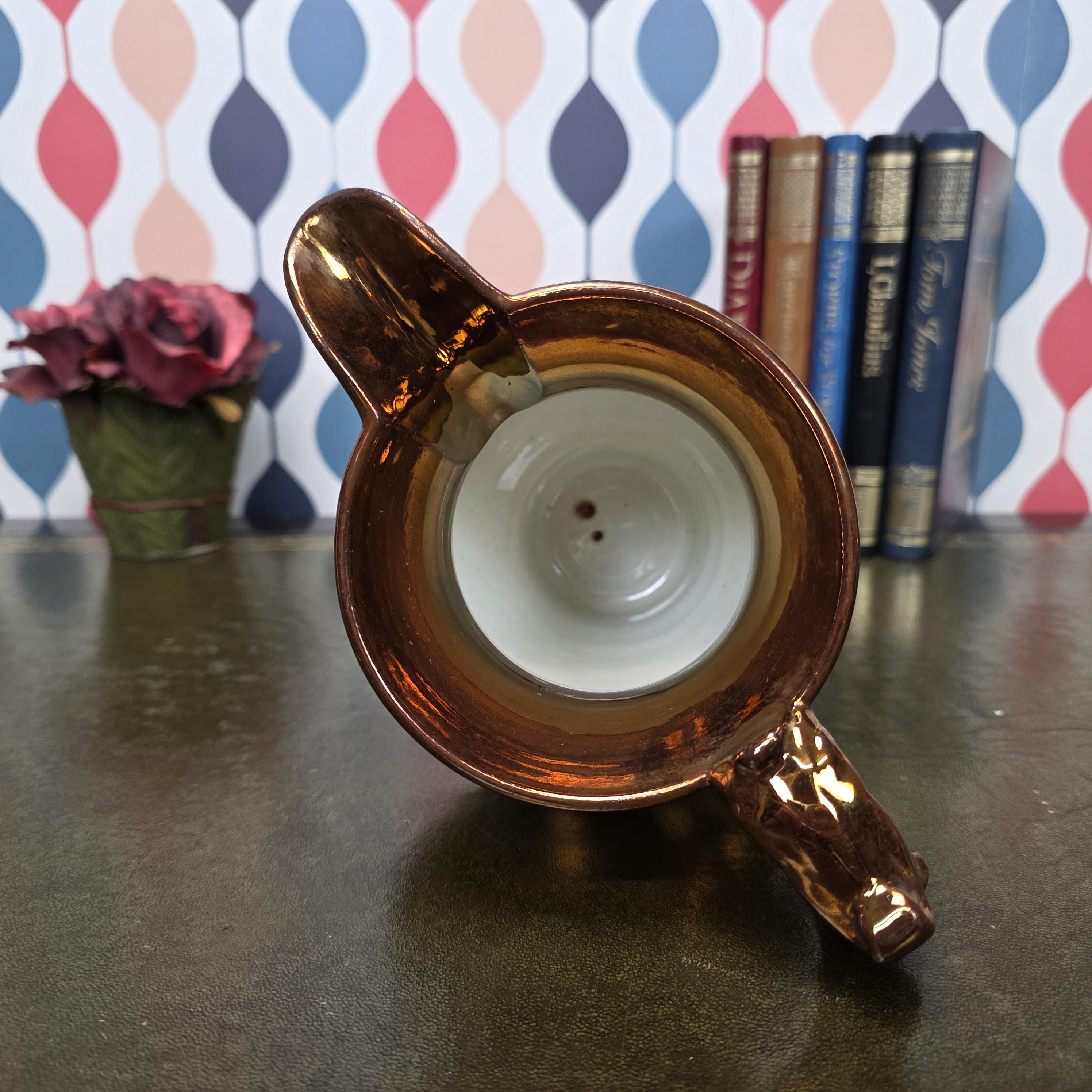 Vintage Ceramic Pitcher Copper Glaze Two Tone Relief Motif Pedestal Jug Collectible Home Decor