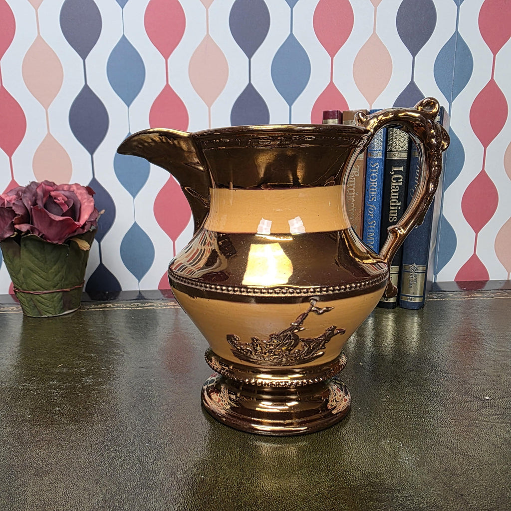 Vintage Ceramic Pitcher Copper Glaze Two Tone Relief Motif Pedestal Jug Collectible Home Decor