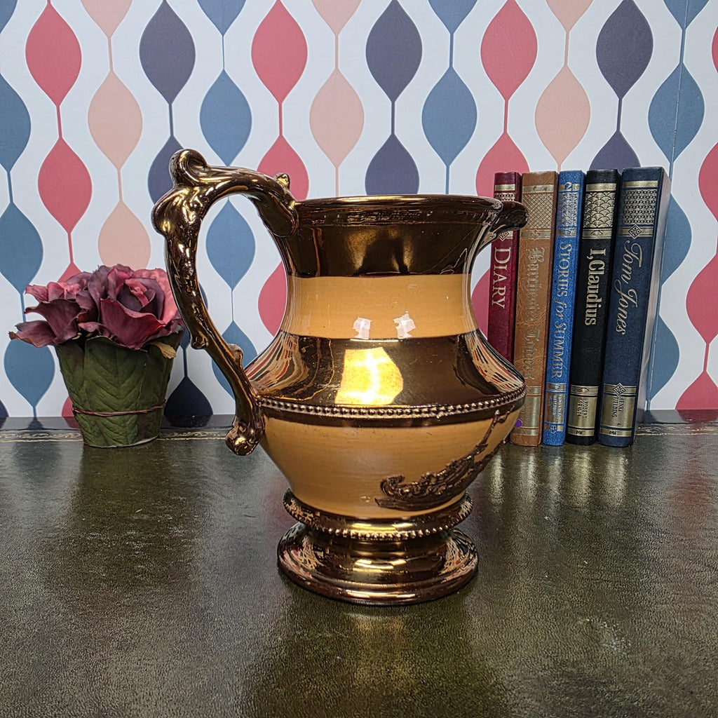 Vintage Ceramic Pitcher Copper Glaze Two Tone Relief Motif Pedestal Jug Collectible Home Decor