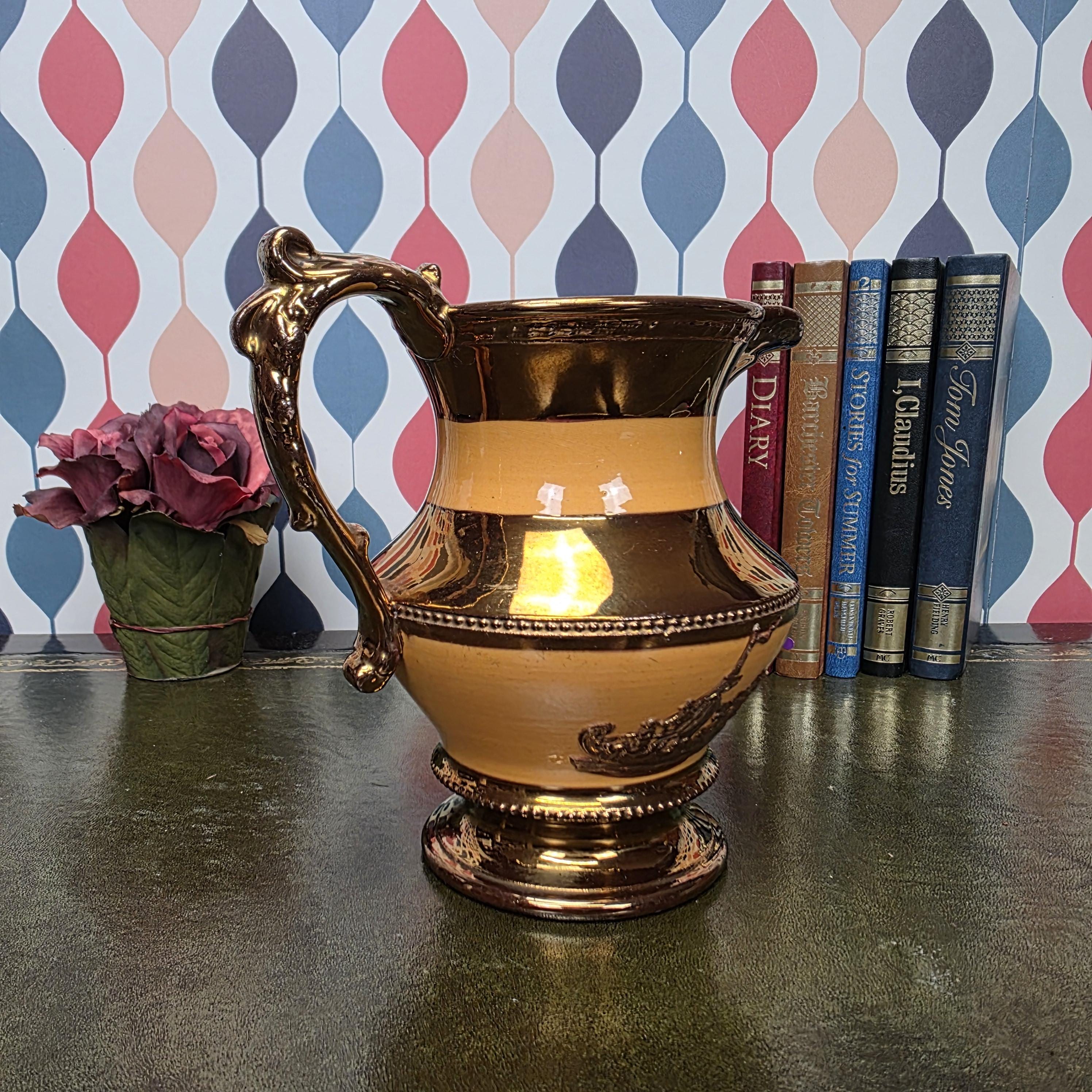 Vintage Ceramic Pitcher Copper Glaze Two Tone Relief Motif Pedestal Jug Collectible Home Decor