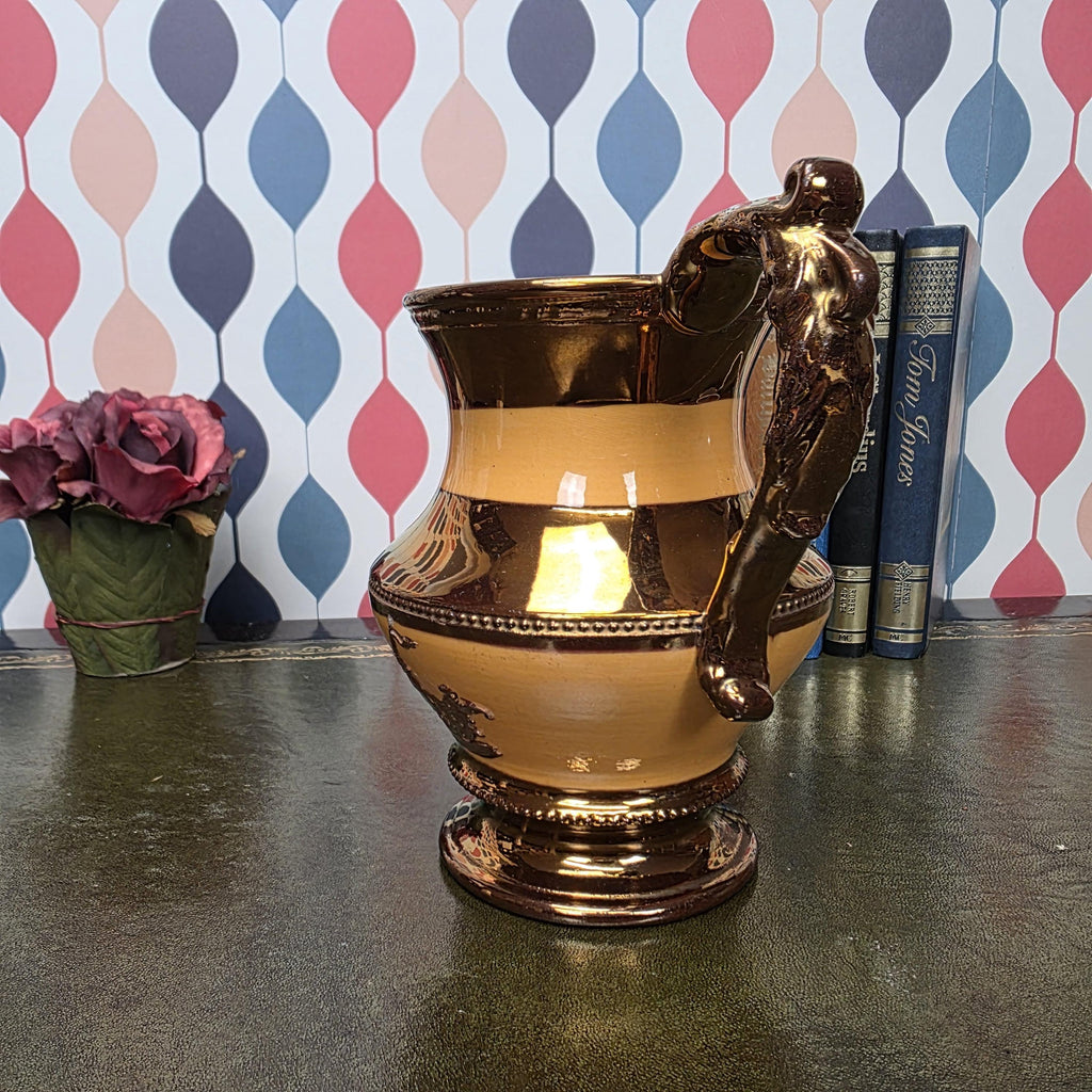 Vintage Ceramic Pitcher Copper Glaze Two Tone Relief Motif Pedestal Jug Collectible Home Decor