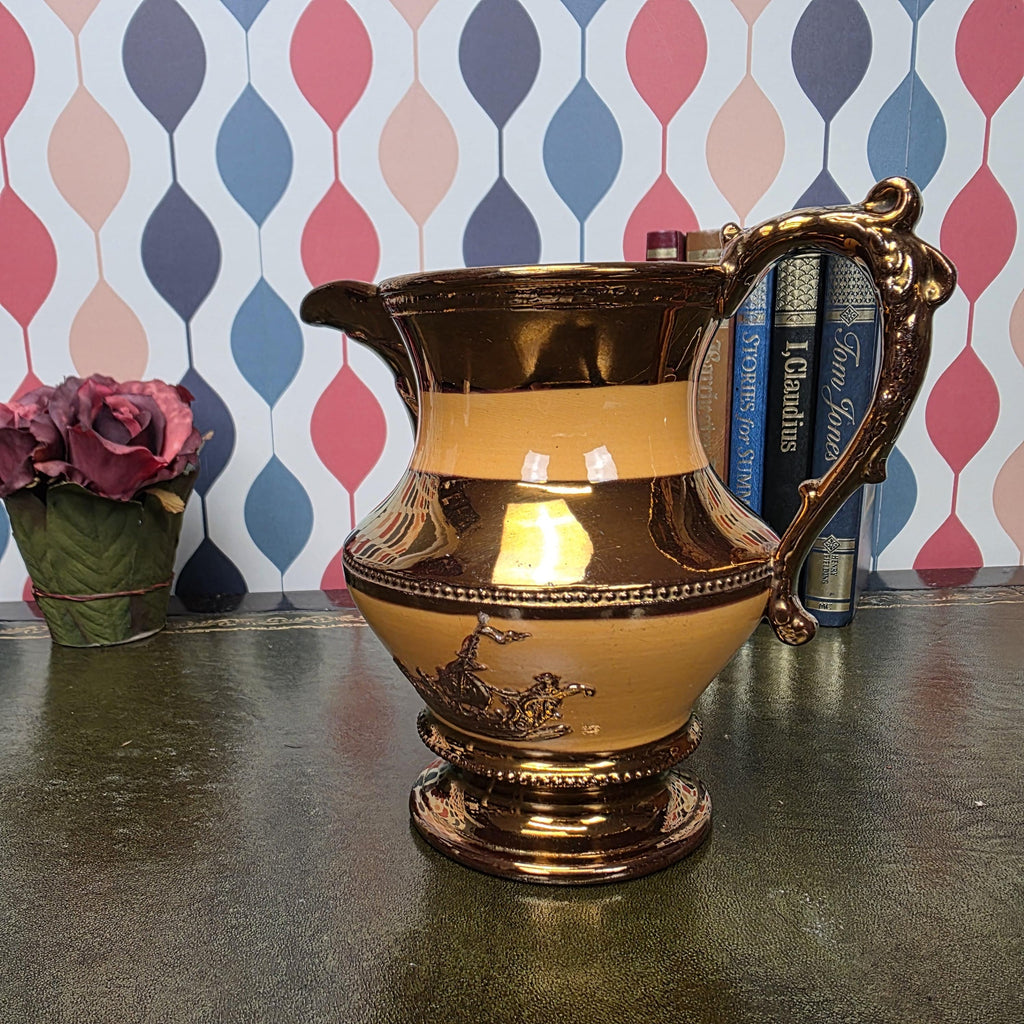 Vintage Ceramic Pitcher Copper Glaze Two Tone Relief Motif Pedestal Jug Collectible Home Decor