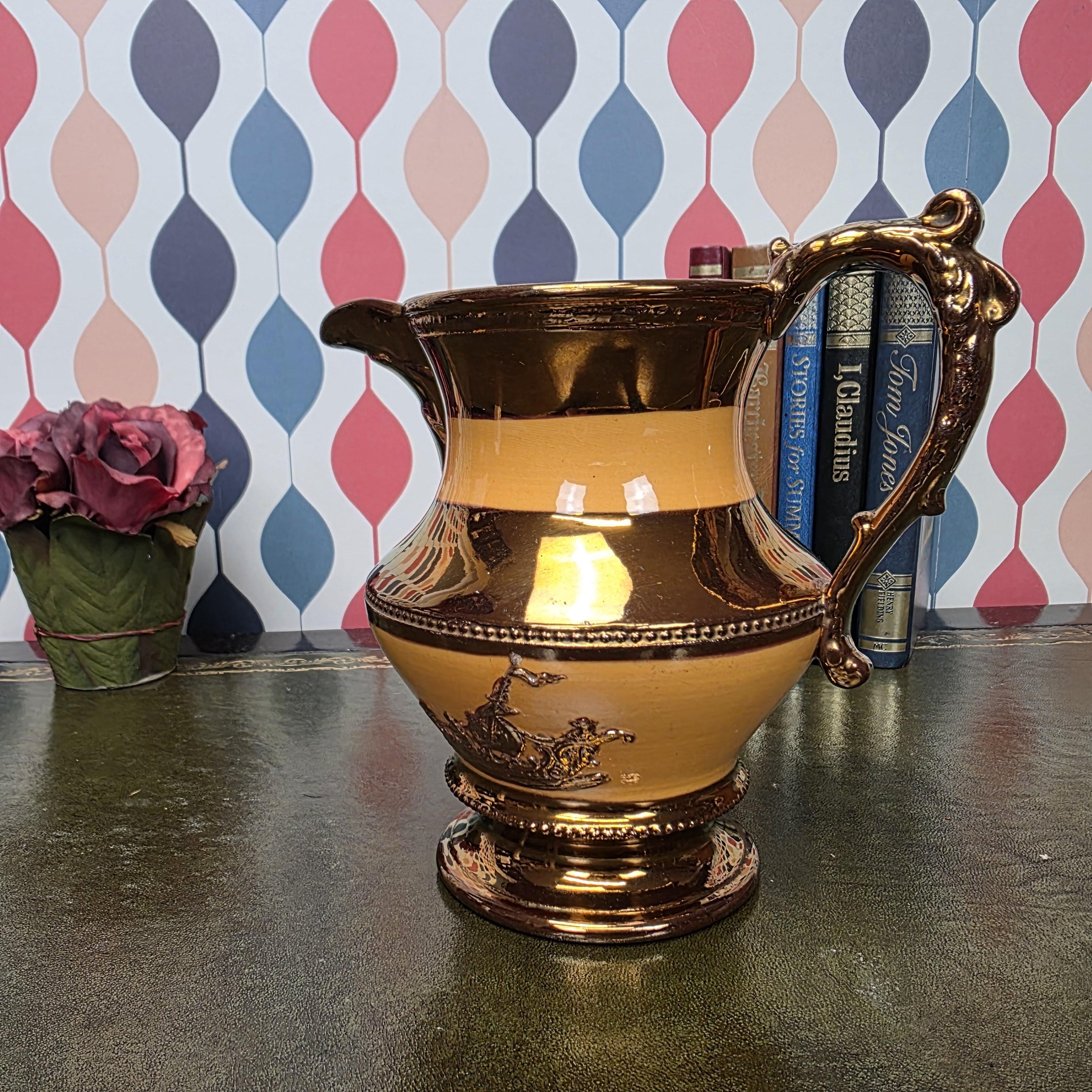 Vintage Ceramic Pitcher Copper Glaze Two Tone Relief Motif Pedestal Jug Collectible Home Decor