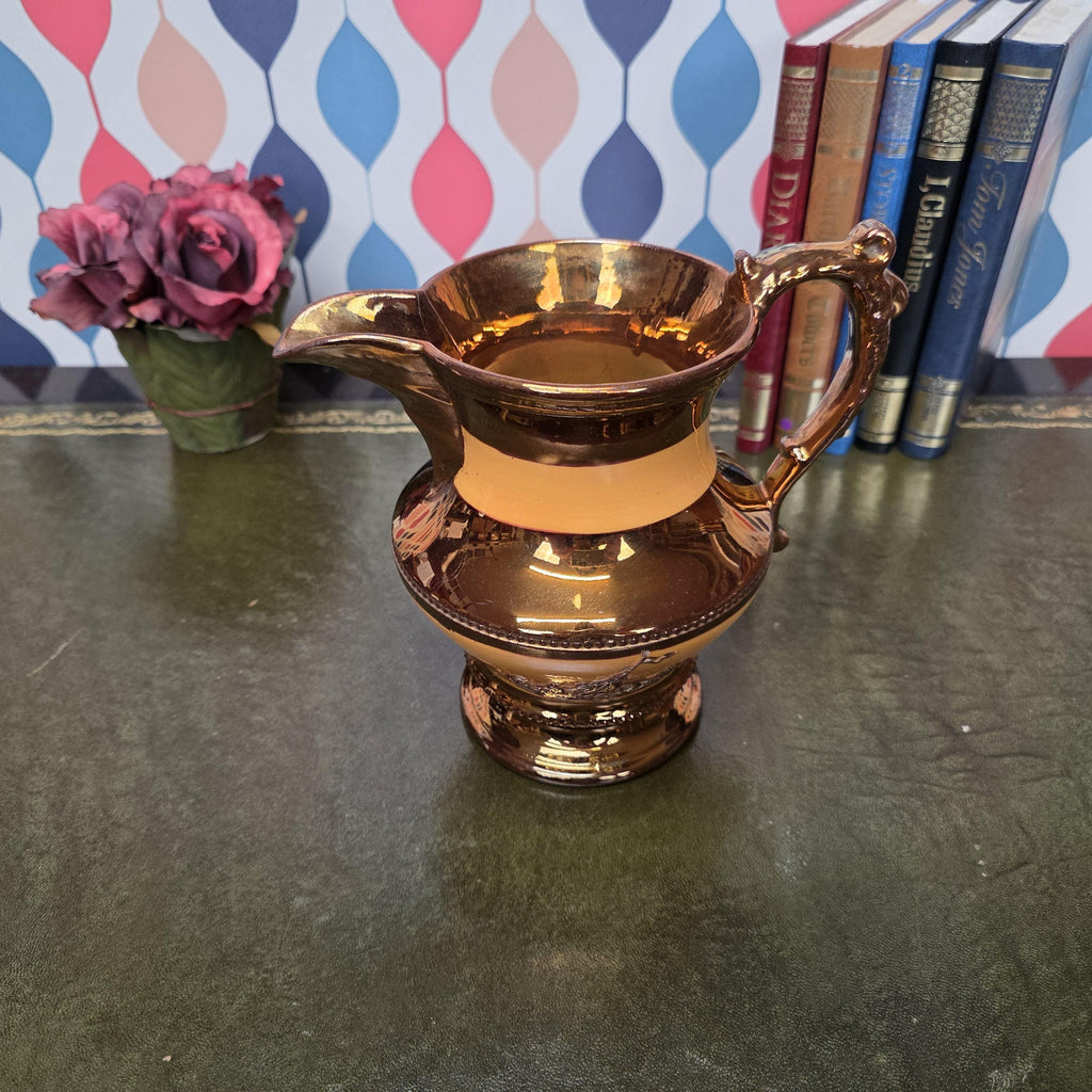 Vintage Ceramic Pitcher Copper Glaze Two Tone Relief Motif Pedestal Jug Collectible Home Decor