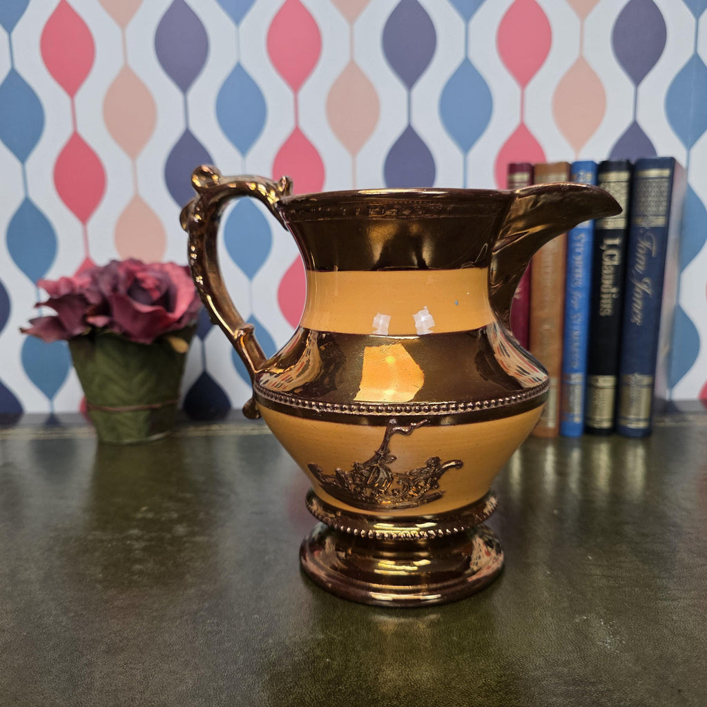 Vintage Ceramic Pitcher Copper Glaze Two Tone Relief Motif Pedestal Jug Collectible Home Decor
