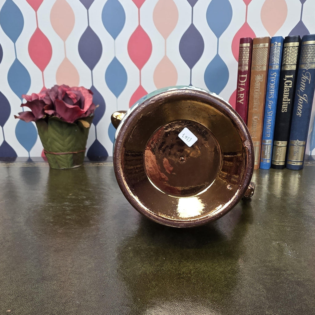 Vintage Copper Lustre Ceramic Pitcher Teal Band Relief Fruit Motif Pedestal Ewer Decorative Collectible