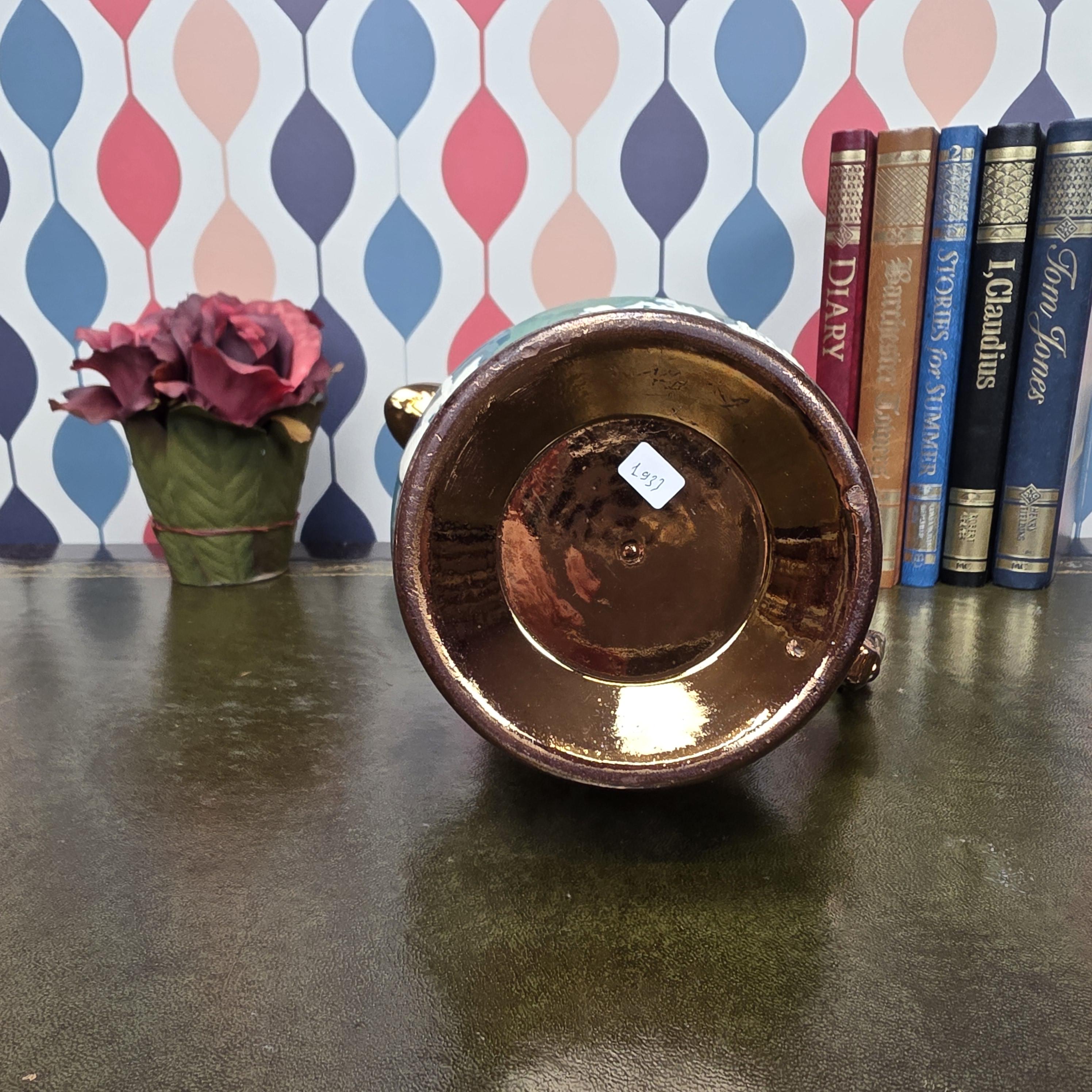 Vintage Copper Lustre Ceramic Pitcher Teal Band Relief Fruit Motif Pedestal Ewer Decorative Collectible