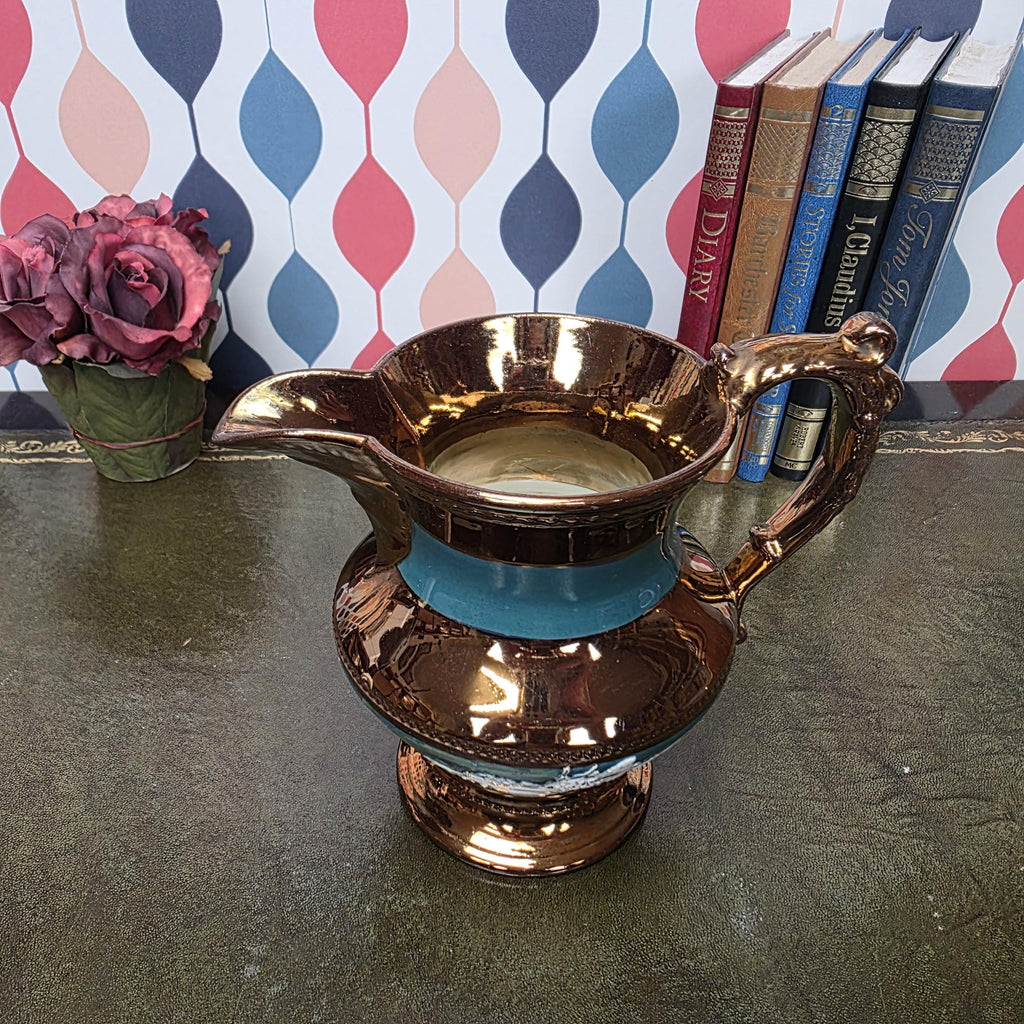 Vintage Copper Lustre Ceramic Pitcher Teal Band Relief Fruit Motif Pedestal Ewer Decorative Collectible