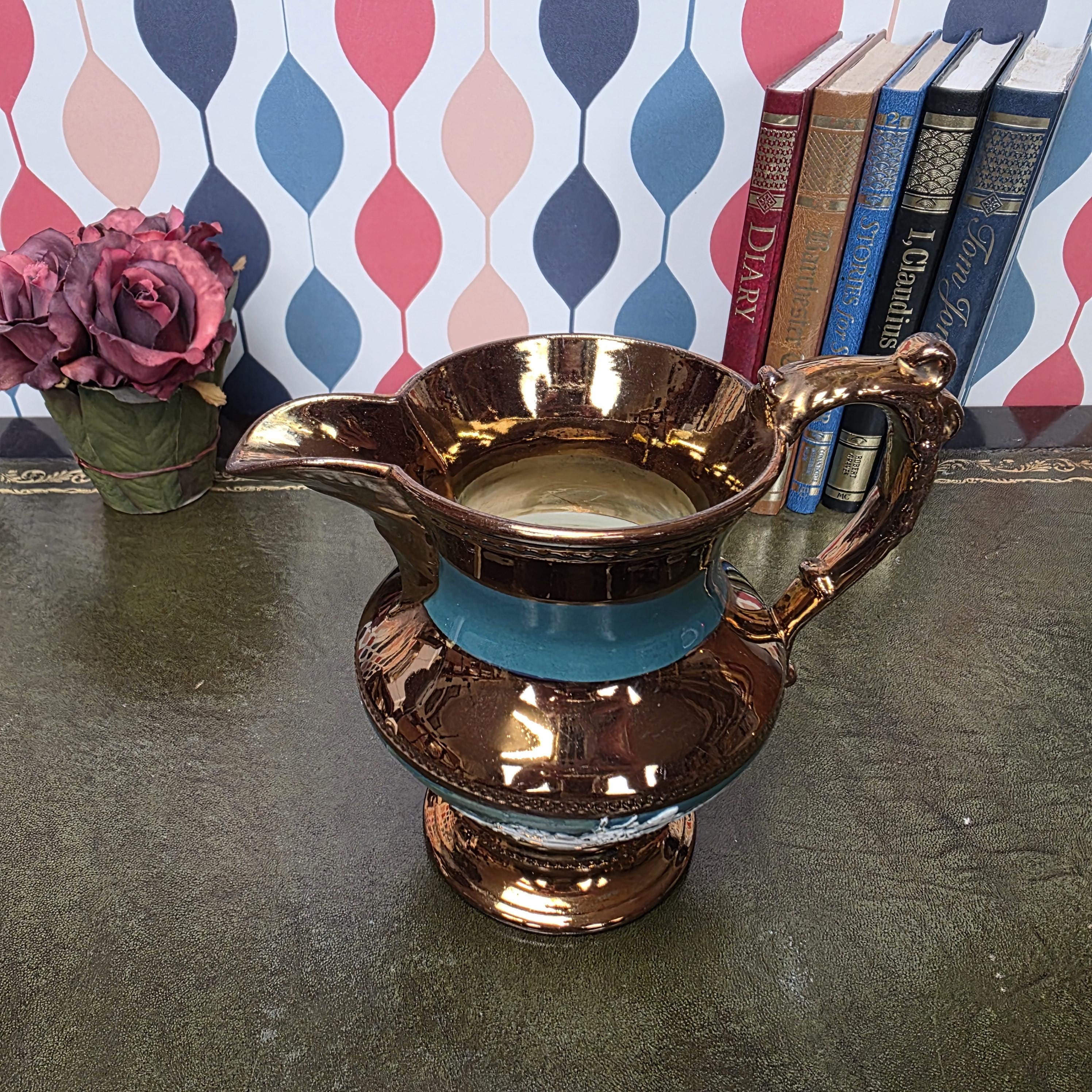 Vintage Copper Lustre Ceramic Pitcher Teal Band Relief Fruit Motif Pedestal Ewer Decorative Collectible