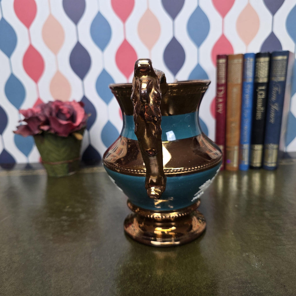 Vintage Copper Lustre Ceramic Pitcher Teal Band Relief Fruit Motif Pedestal Ewer Decorative Collectible
