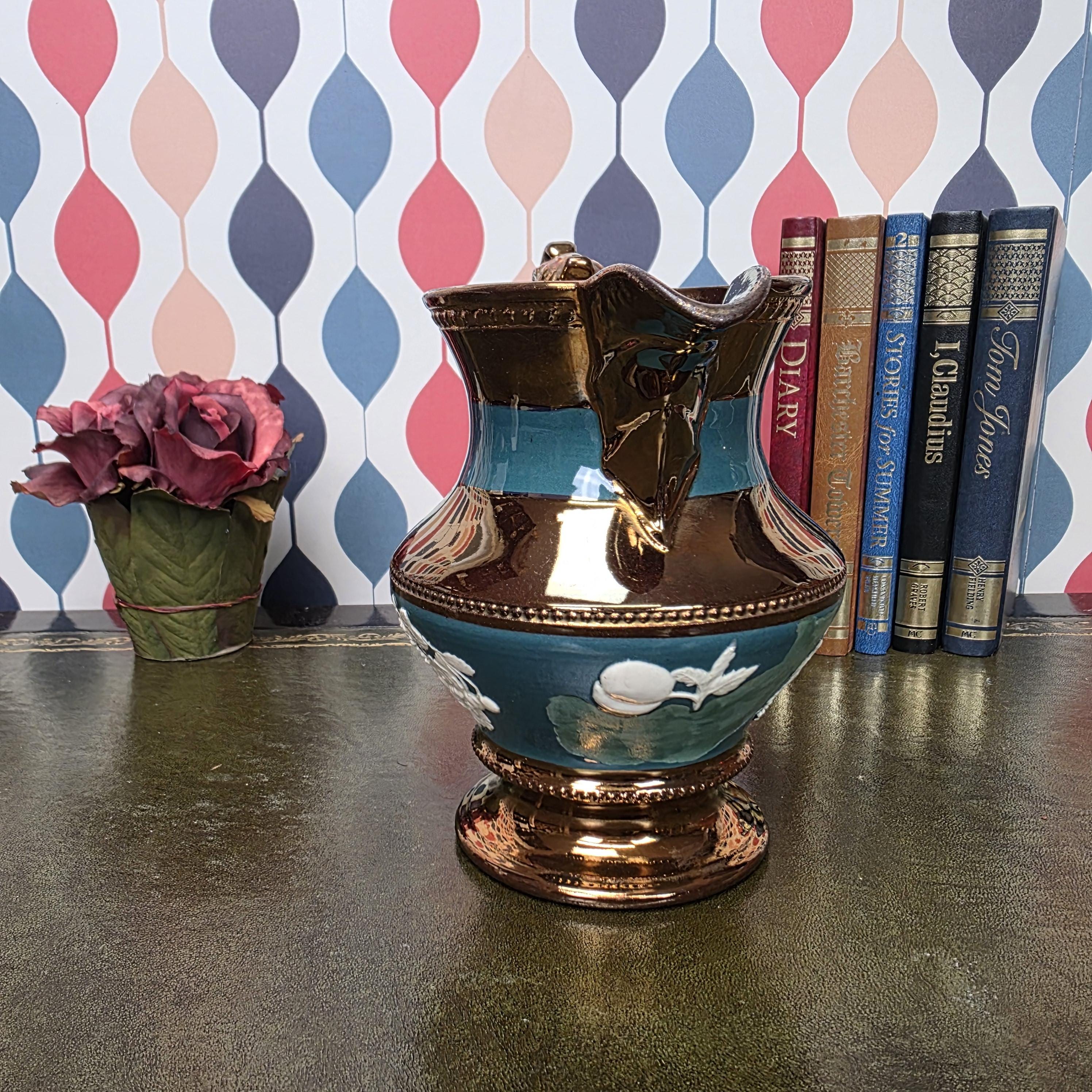 Vintage Copper Lustre Ceramic Pitcher Teal Band Relief Fruit Motif Pedestal Ewer Decorative Collectible