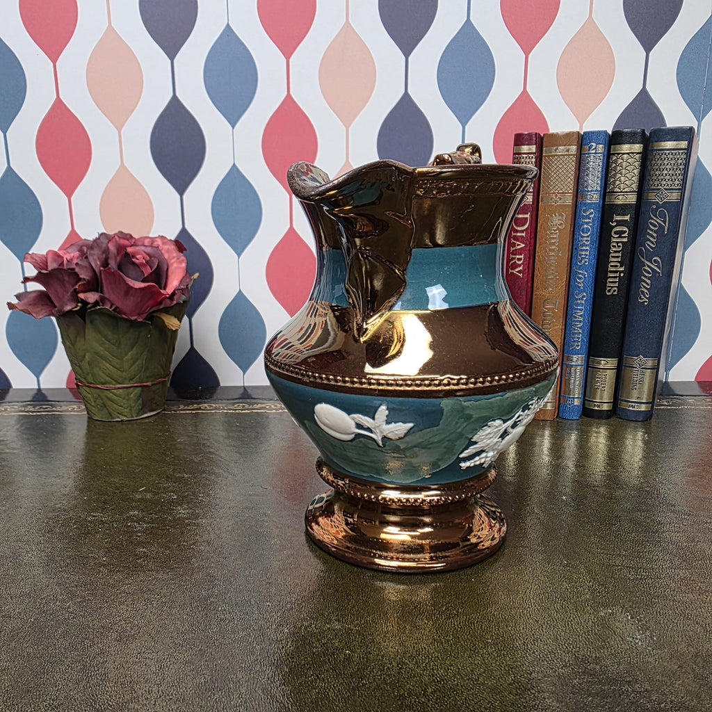 Vintage Copper Lustre Ceramic Pitcher Teal Band Relief Fruit Motif Pedestal Ewer Decorative Collectible