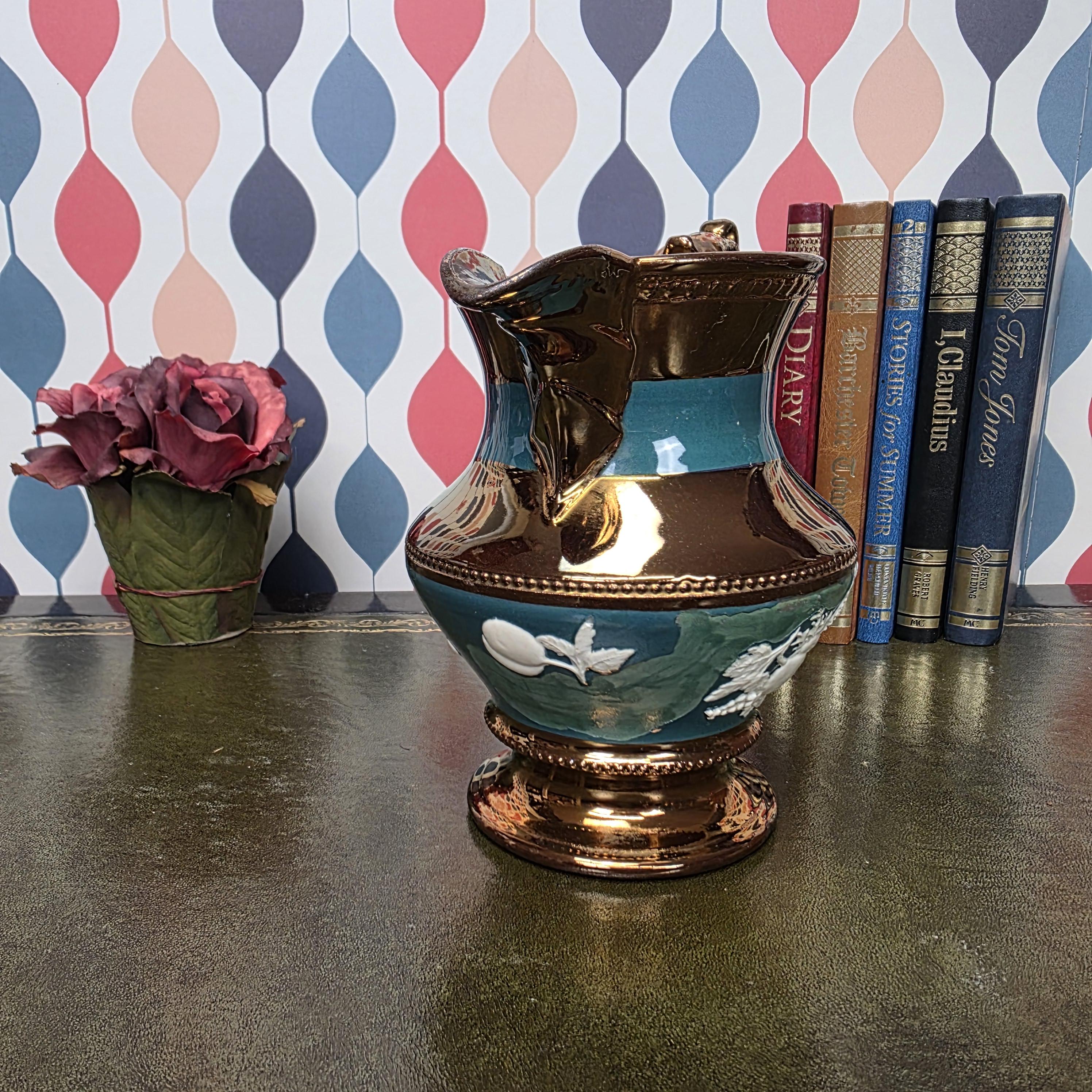 Vintage Copper Lustre Ceramic Pitcher Teal Band Relief Fruit Motif Pedestal Ewer Decorative Collectible