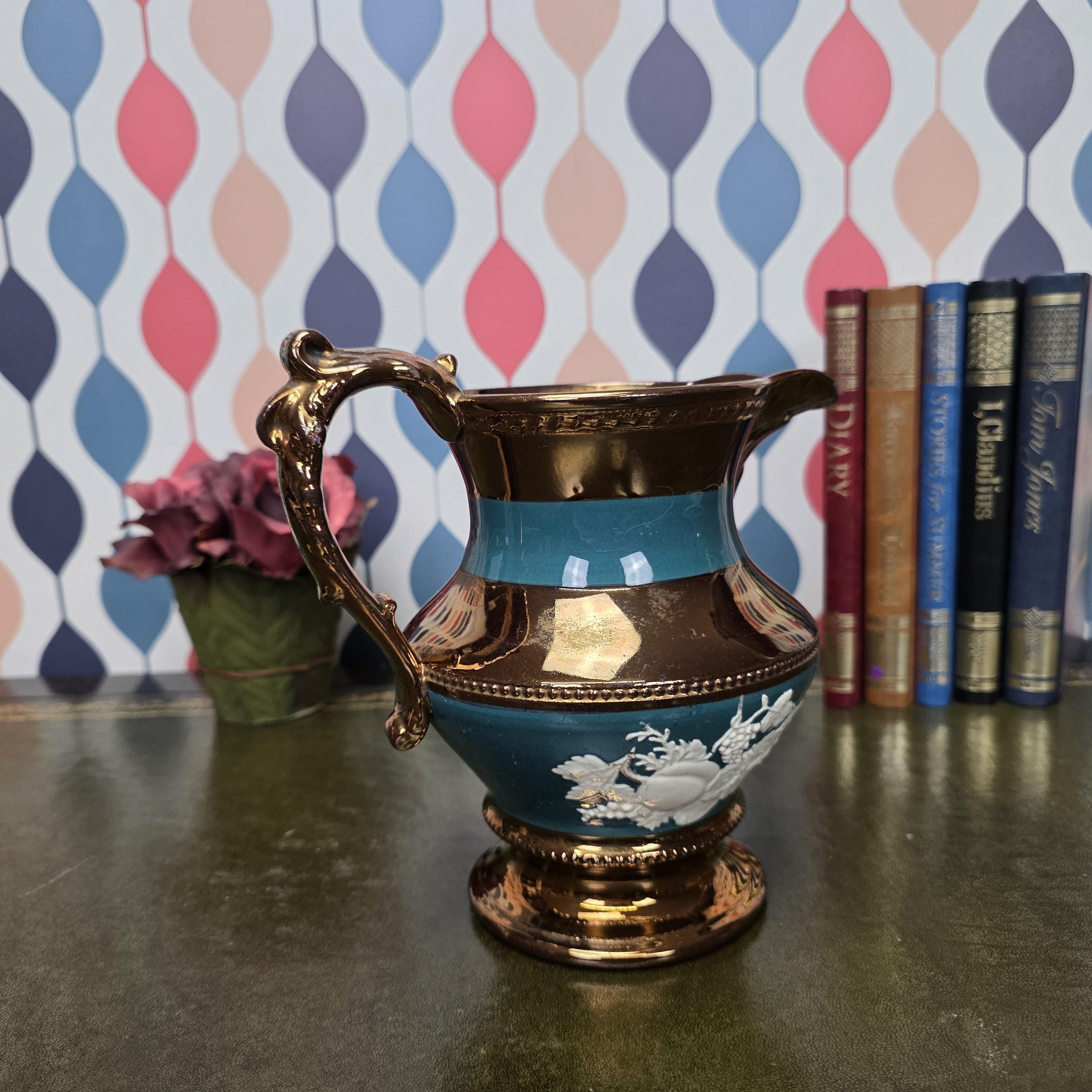 Vintage Copper Lustre Ceramic Pitcher Teal Band Relief Fruit Motif Pedestal Ewer Decorative Collectible