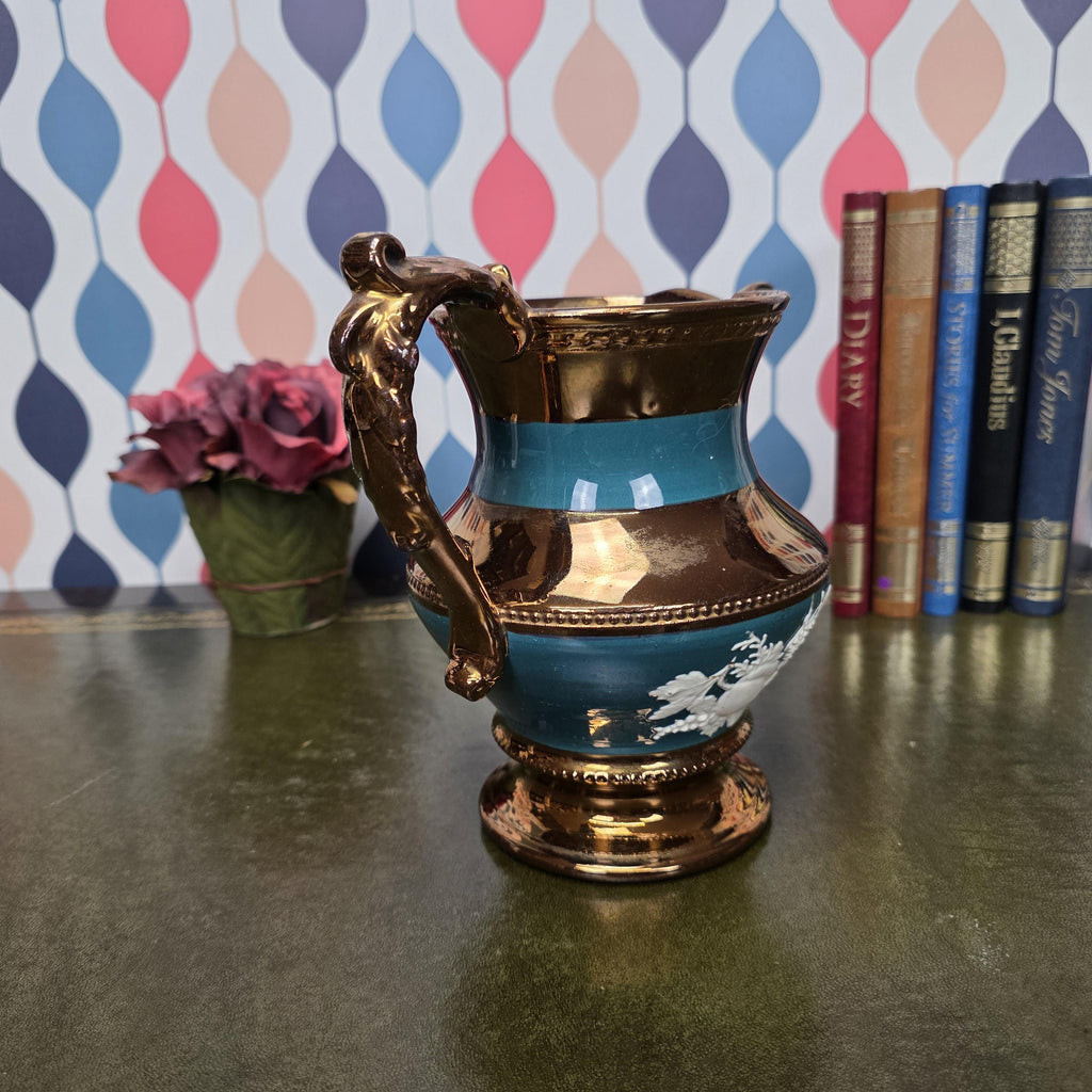 Vintage Copper Lustre Ceramic Pitcher Teal Band Relief Fruit Motif Pedestal Ewer Decorative Collectible