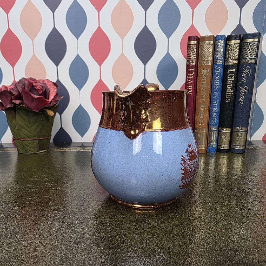 Vintage Copper Lustre Pitcher Blue Transferware Landscape Scene Ceramic Jug English Style Collectible