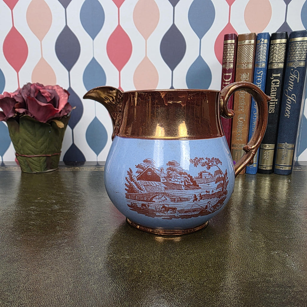 Vintage Copper Lustre Pitcher Blue Transferware Landscape Scene Ceramic Jug English Style Collectible