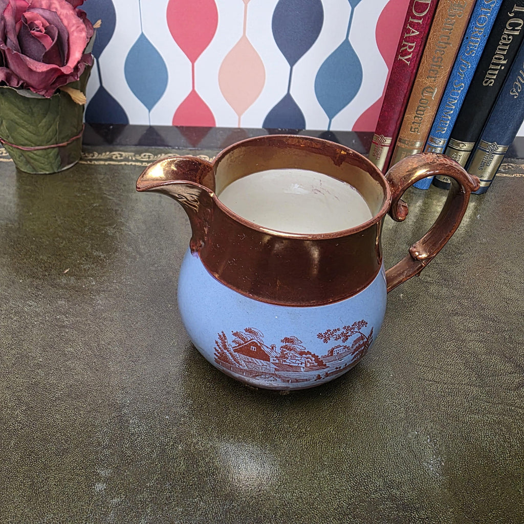 Vintage Copper Lustre Pitcher Blue Transferware Landscape Scene Ceramic Jug English Style Collectible