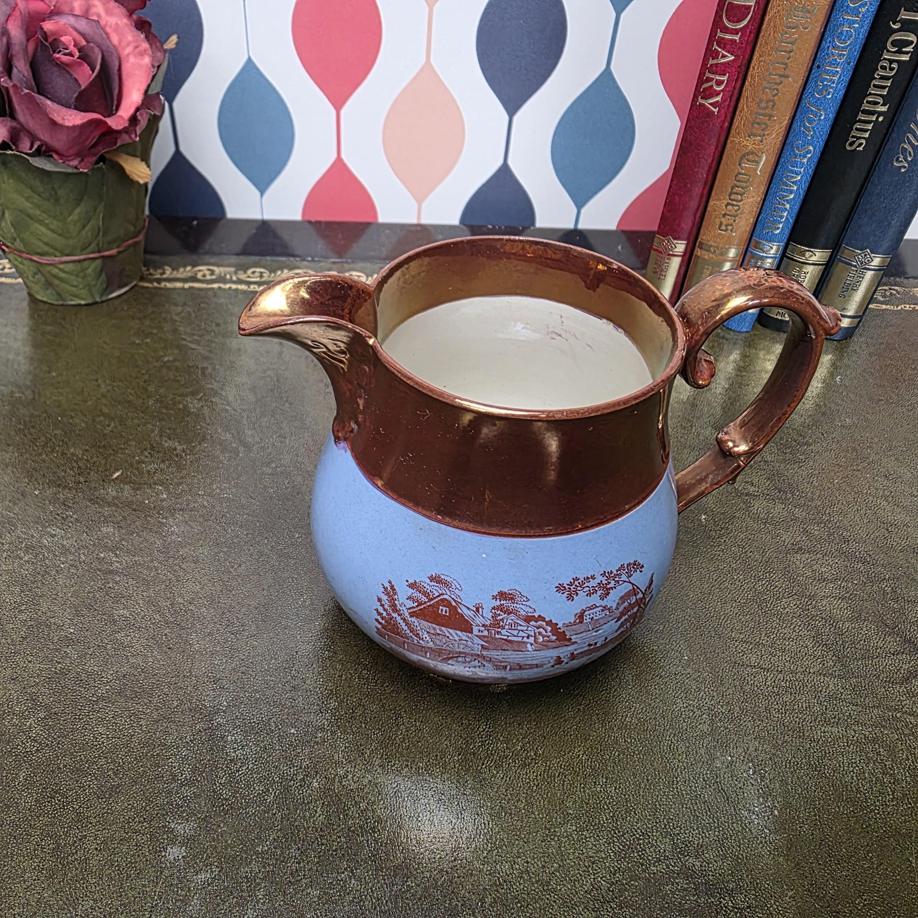 Vintage Copper Lustre Pitcher Blue Transferware Landscape Scene Ceramic Jug English Style Collectible