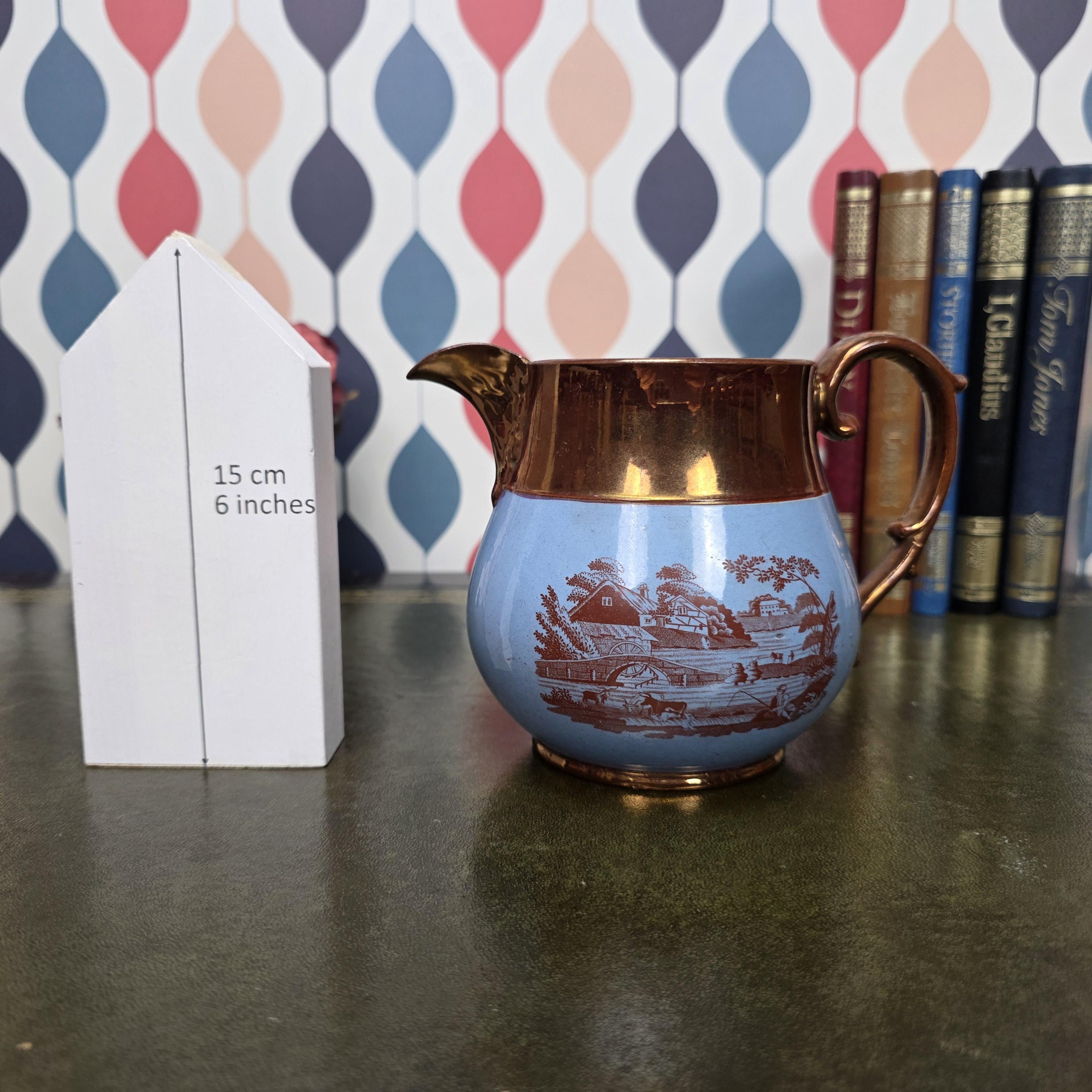 Vintage Copper Lustre Pitcher Blue Transferware Landscape Scene Ceramic Jug English Style Collectible