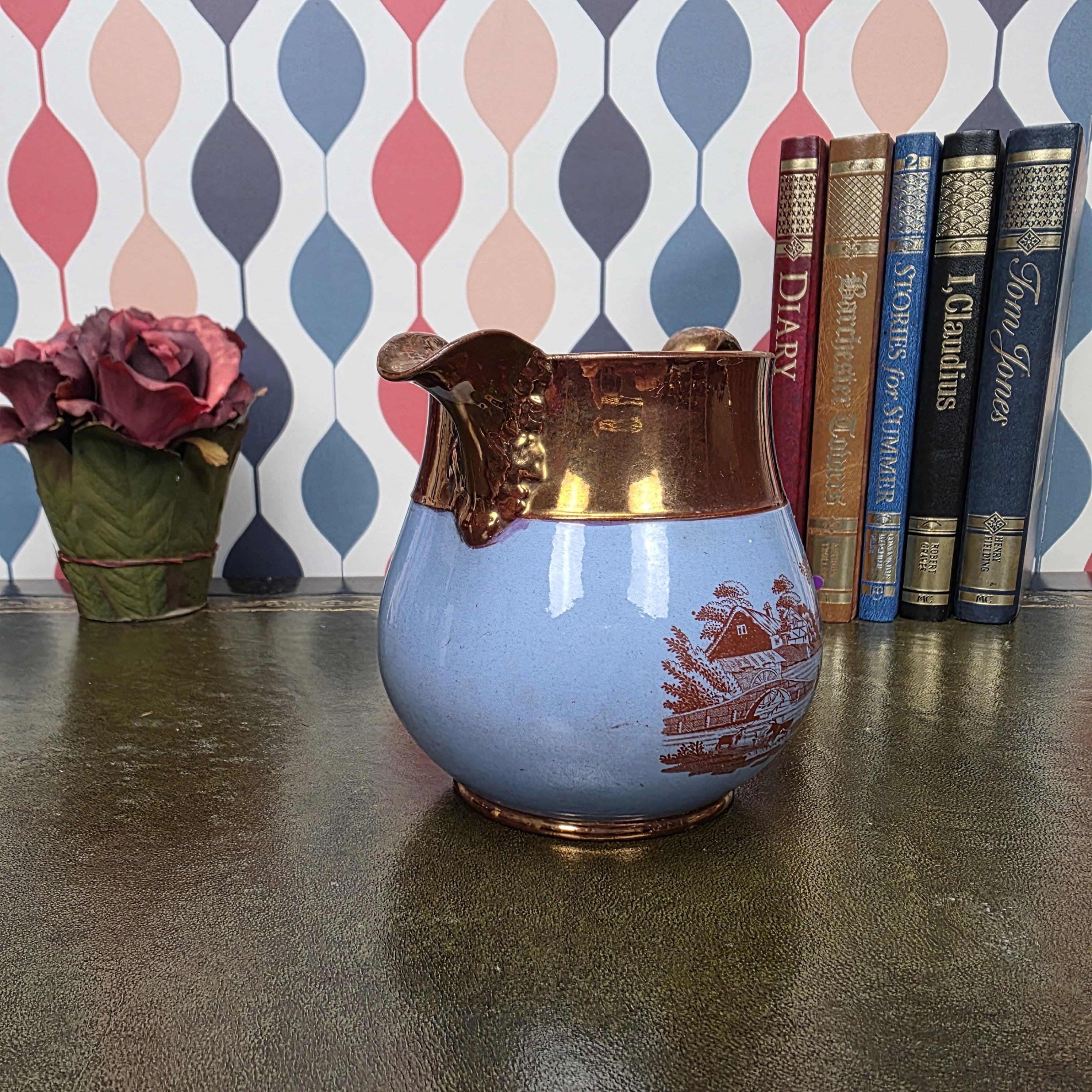 Vintage Copper Lustre Pitcher Blue Transferware Landscape Scene Ceramic Jug English Style Collectible