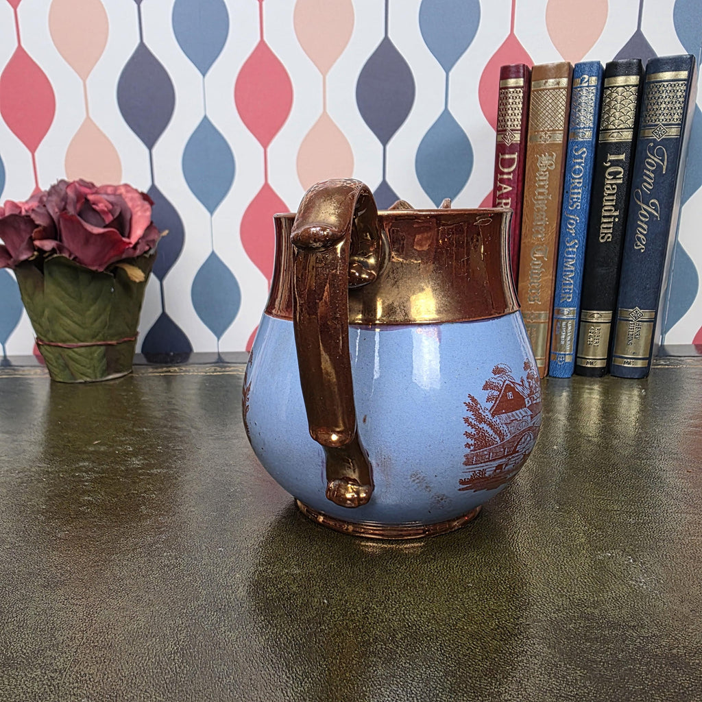 Vintage Copper Lustre Pitcher Blue Transferware Landscape Scene Ceramic Jug English Style Collectible