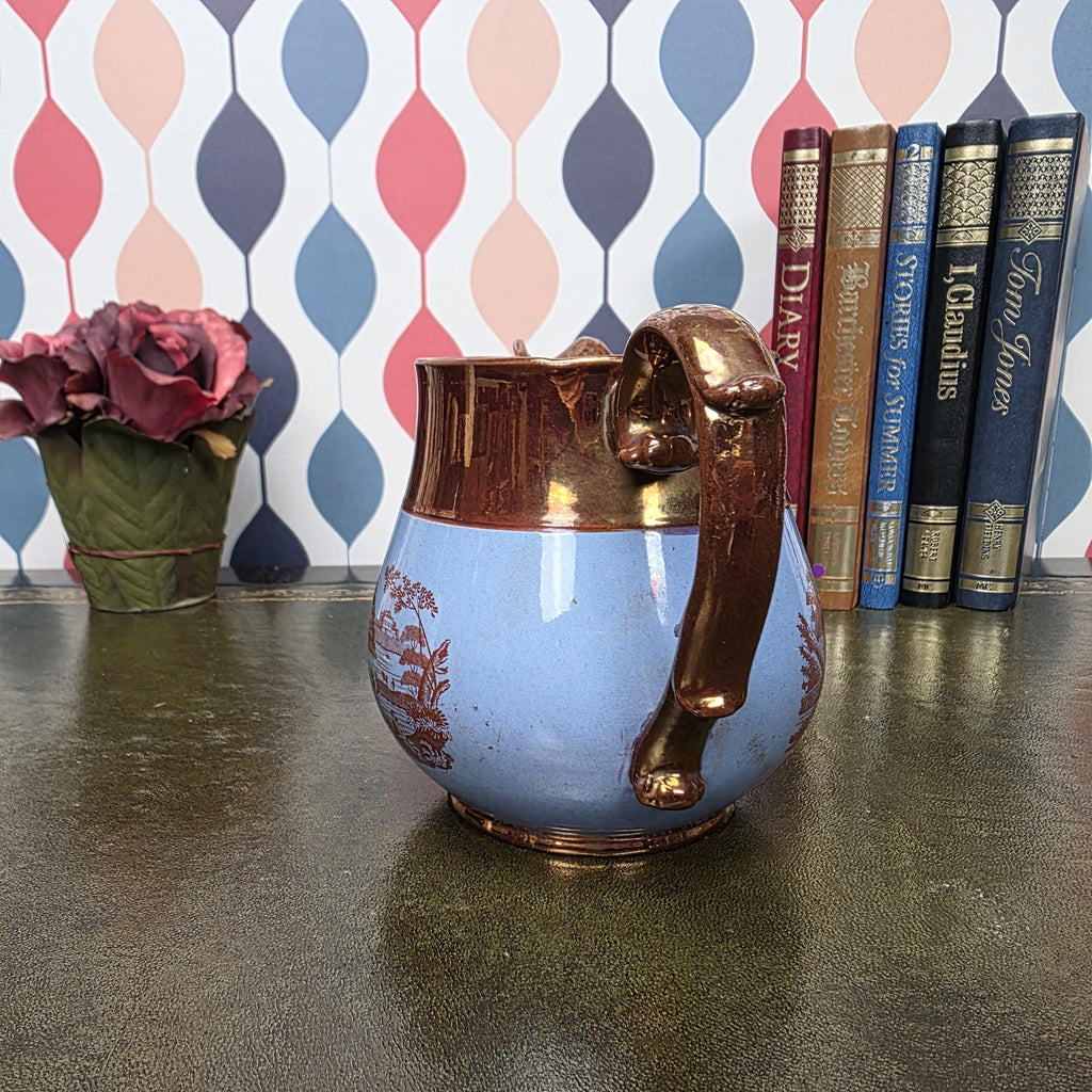 Vintage Copper Lustre Pitcher Blue Transferware Landscape Scene Ceramic Jug English Style Collectible